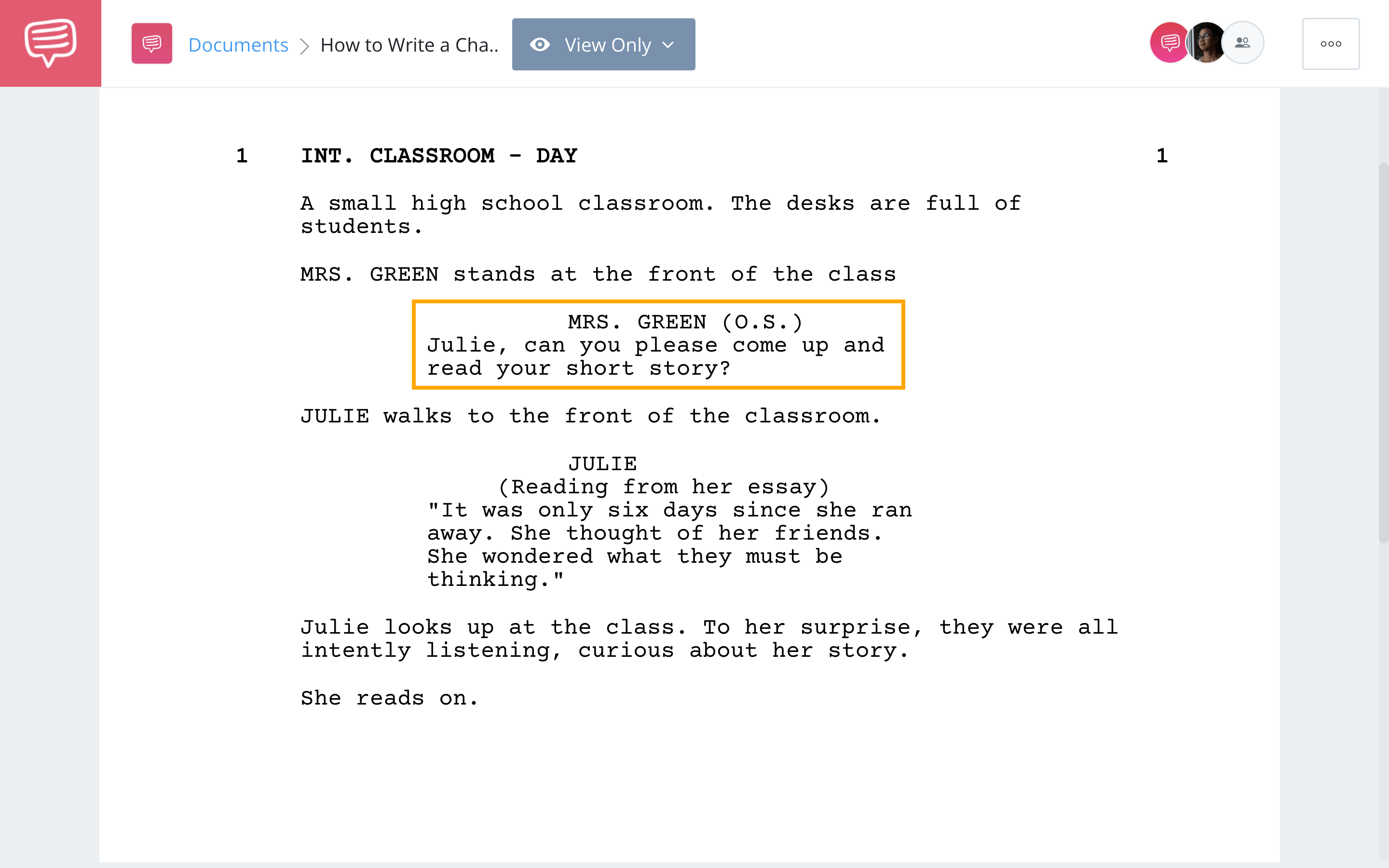 How to Write a Character Cue in a Screenplay Character Cue Extension Example in a Screenplay StudioBinder Screenwriting Software