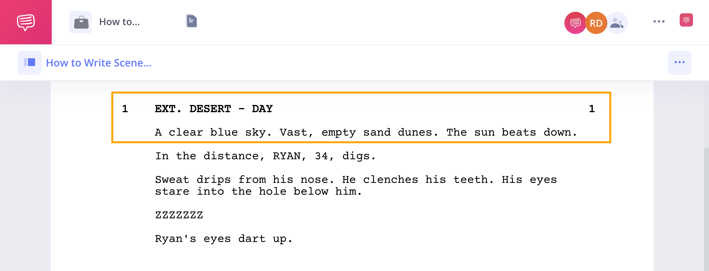 How to Write a Scene Description Formatting a Scene Highlighted Description Example StudioBinder Screenwriting Software