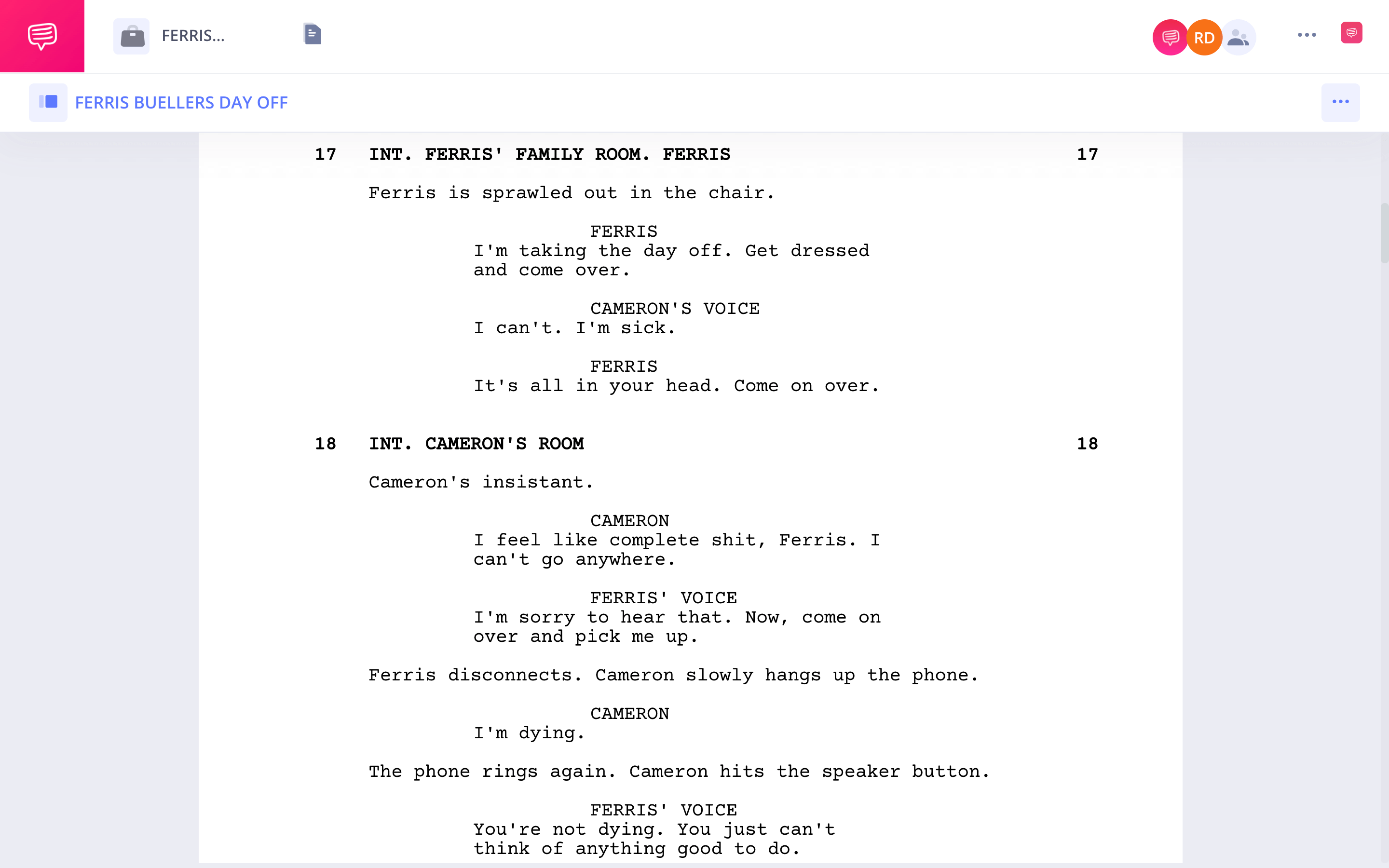 Ferris Buellers Day Off Script PDF Camerons Call To Action StudioBinder Screenwriting Software