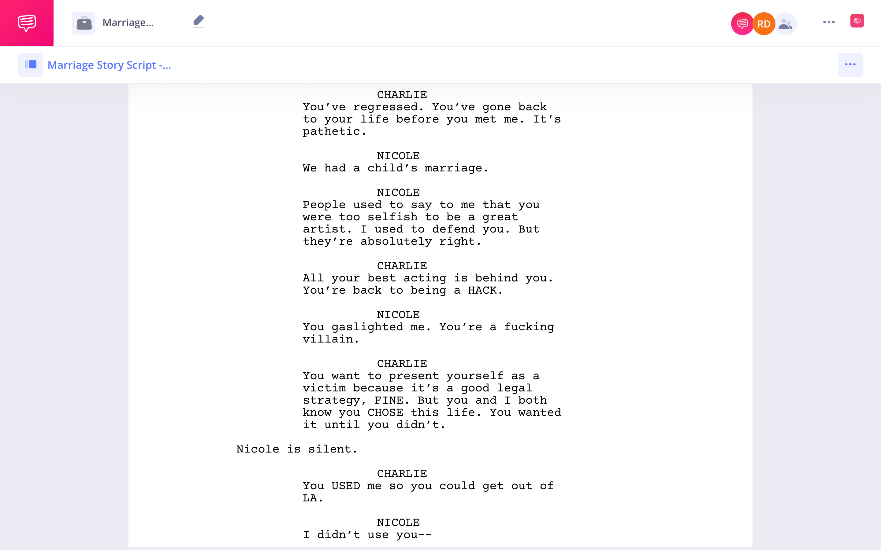 Marriage Story Script PDF Dialogue StudioBinder Screenwriting Software