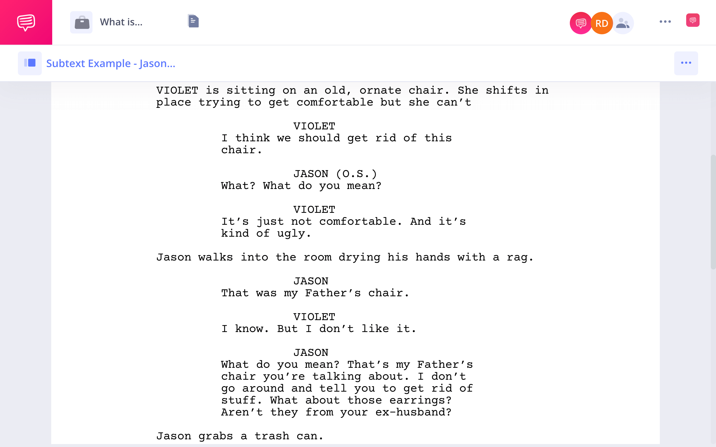 What is Subtext Jason and the Chair App Tie In StudioBinder Screenwriting Software