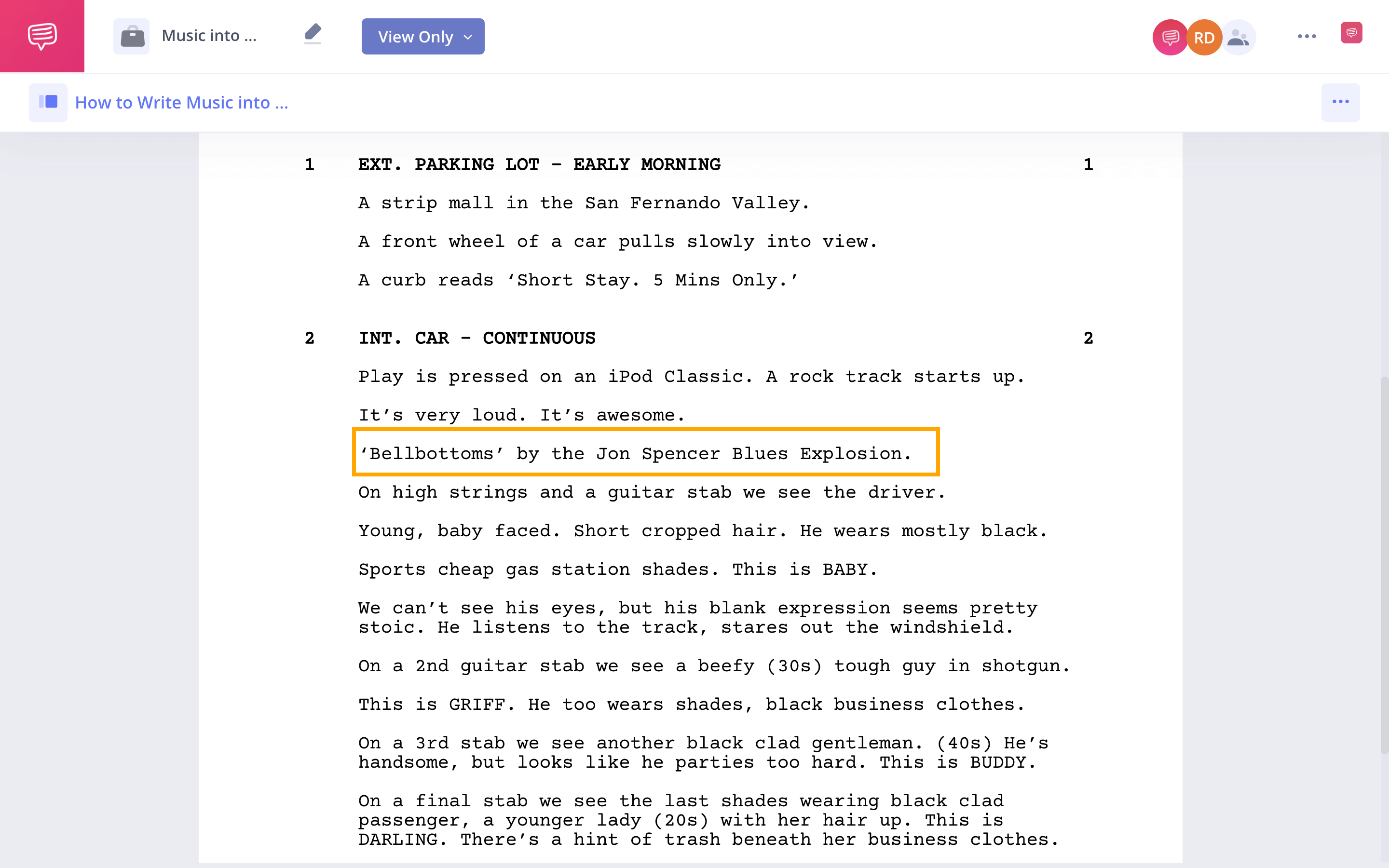 How to Write Music into A Screenplay Baby Driver Soundtrack in a Screenplay Example StudioBinder Screenwriting Software