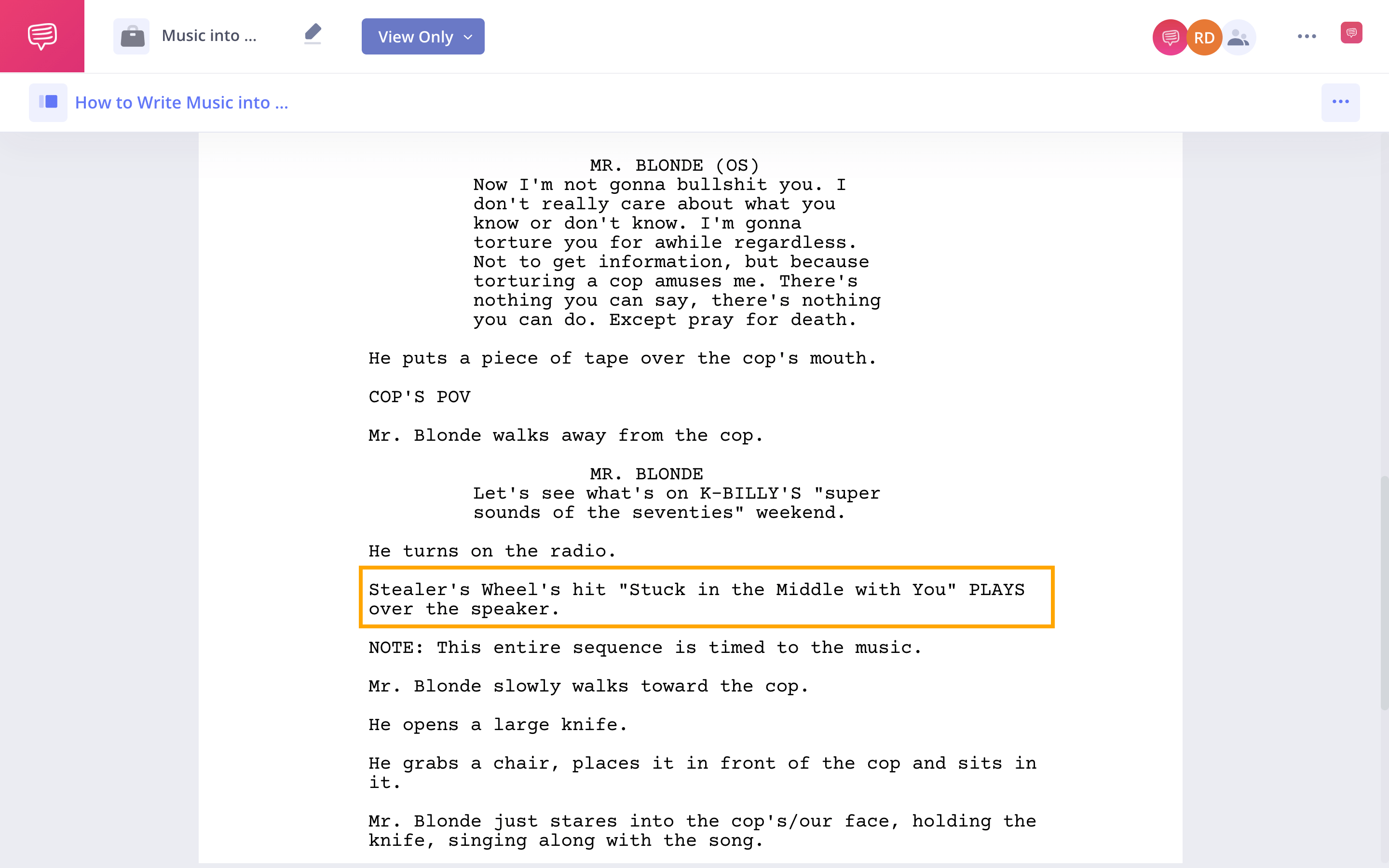 How to Write Music into A Screenplay Reservoir Dogs Soundtrack in a Screenplay Example StudioBinder Screenwriting Software