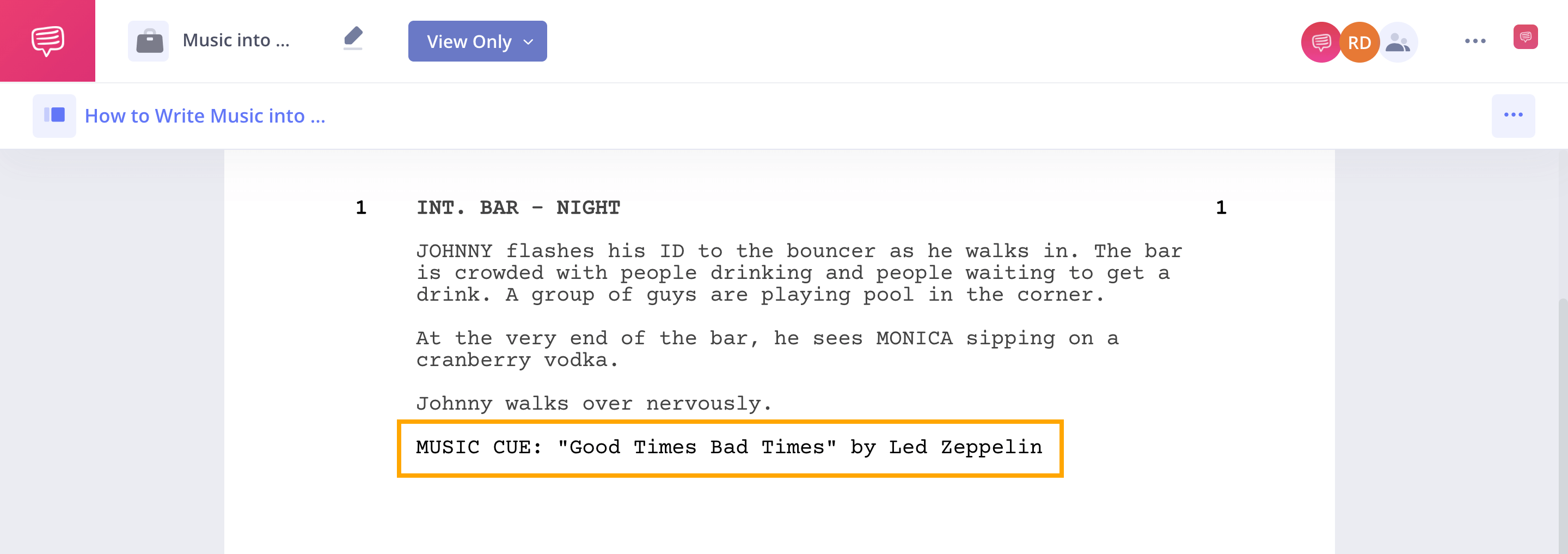 How to Write Music into A Screenplay Soundtrack in a Screenplay Example StudioBinder Screenwriting Software