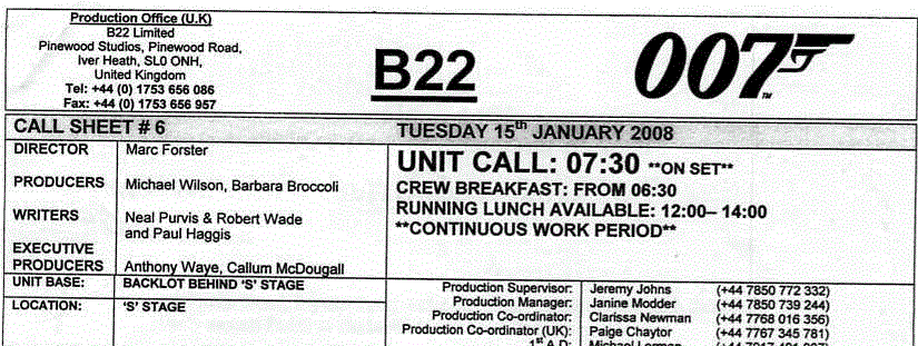 What is Film Production Call sheet for James Bond Stages of film production