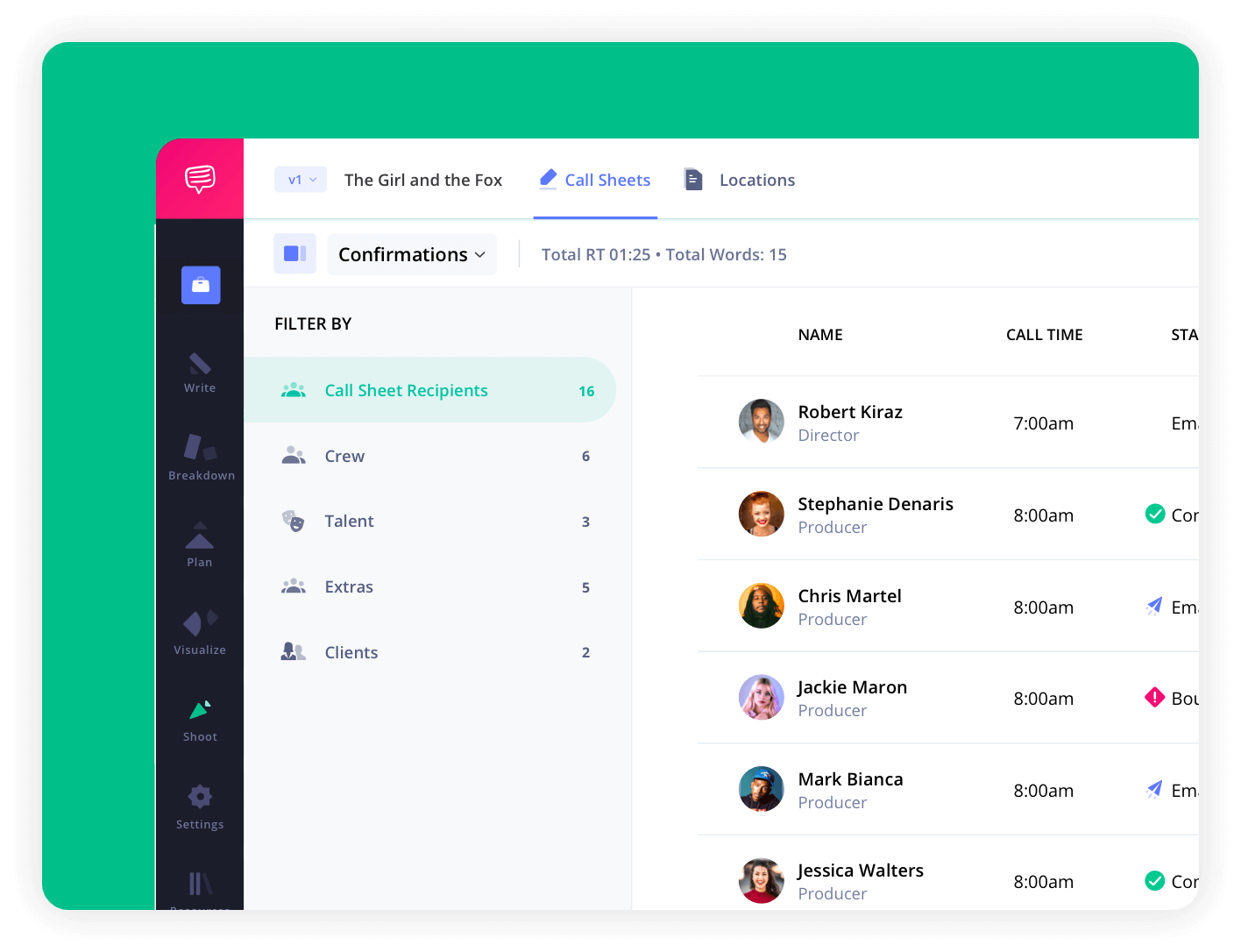 call sheet personalization - StudioBinder - online film callsheet software