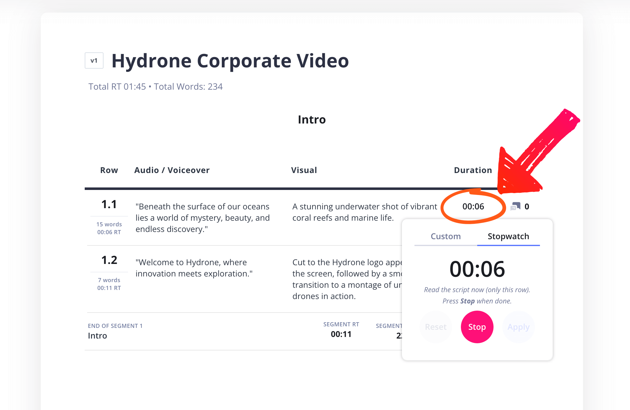 How to Make a Corporate Video Script Add script duration with stopwatch