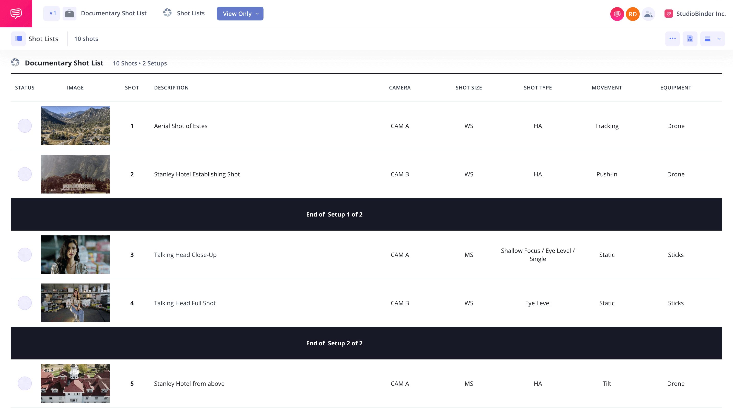 Documentary Shot List Group into setups