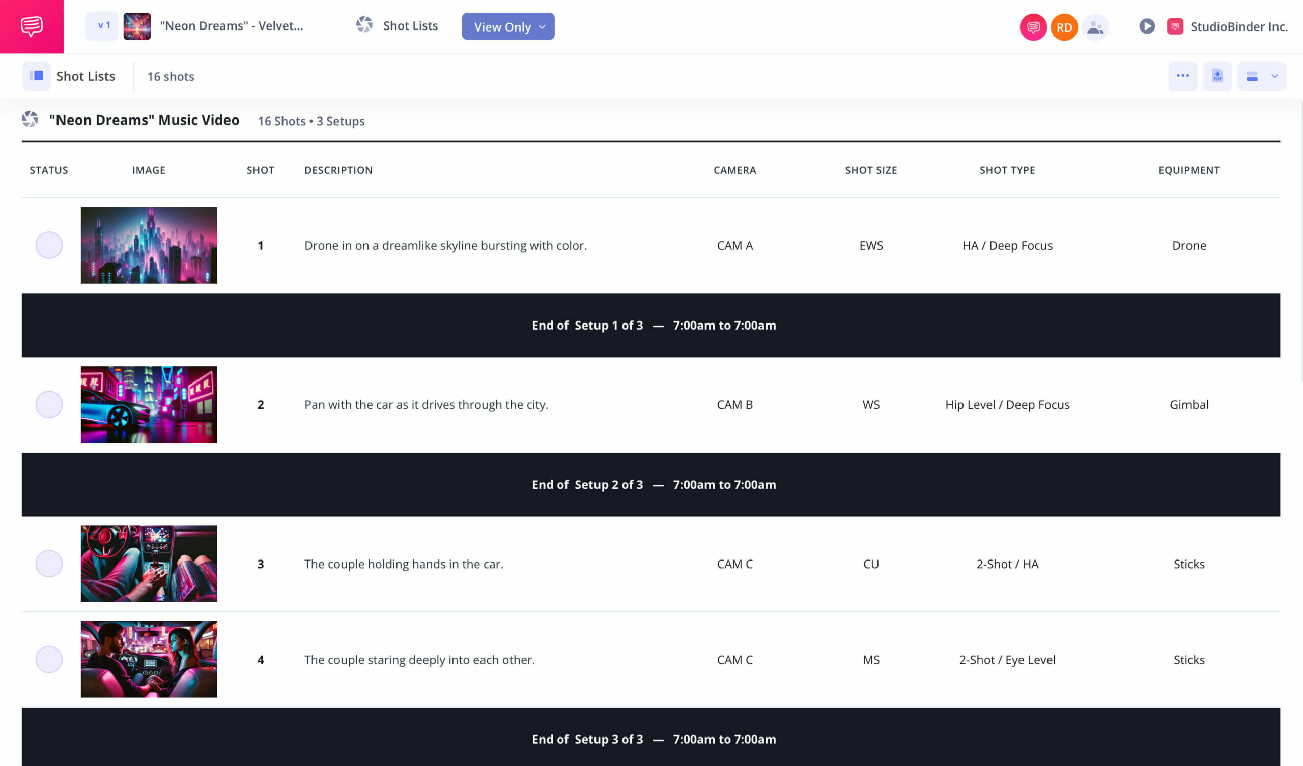 Music Video Shot List Template Group into setups