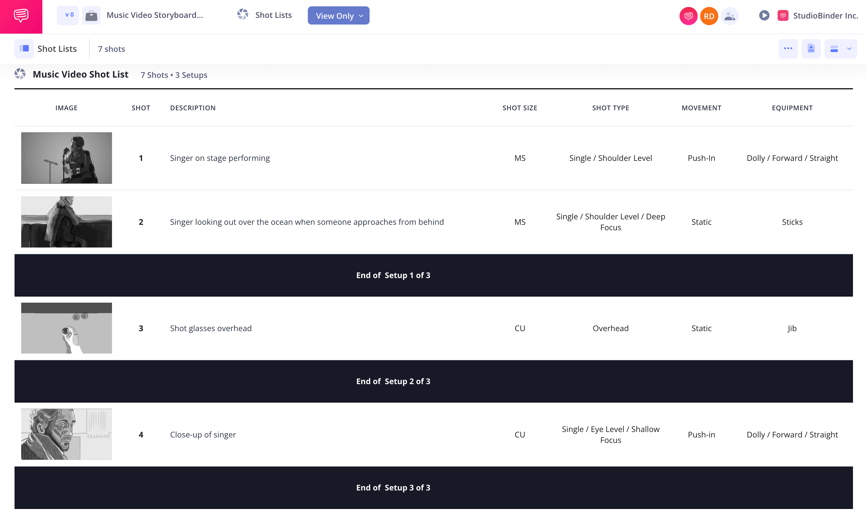 Music Video Shot List Template Group into setups