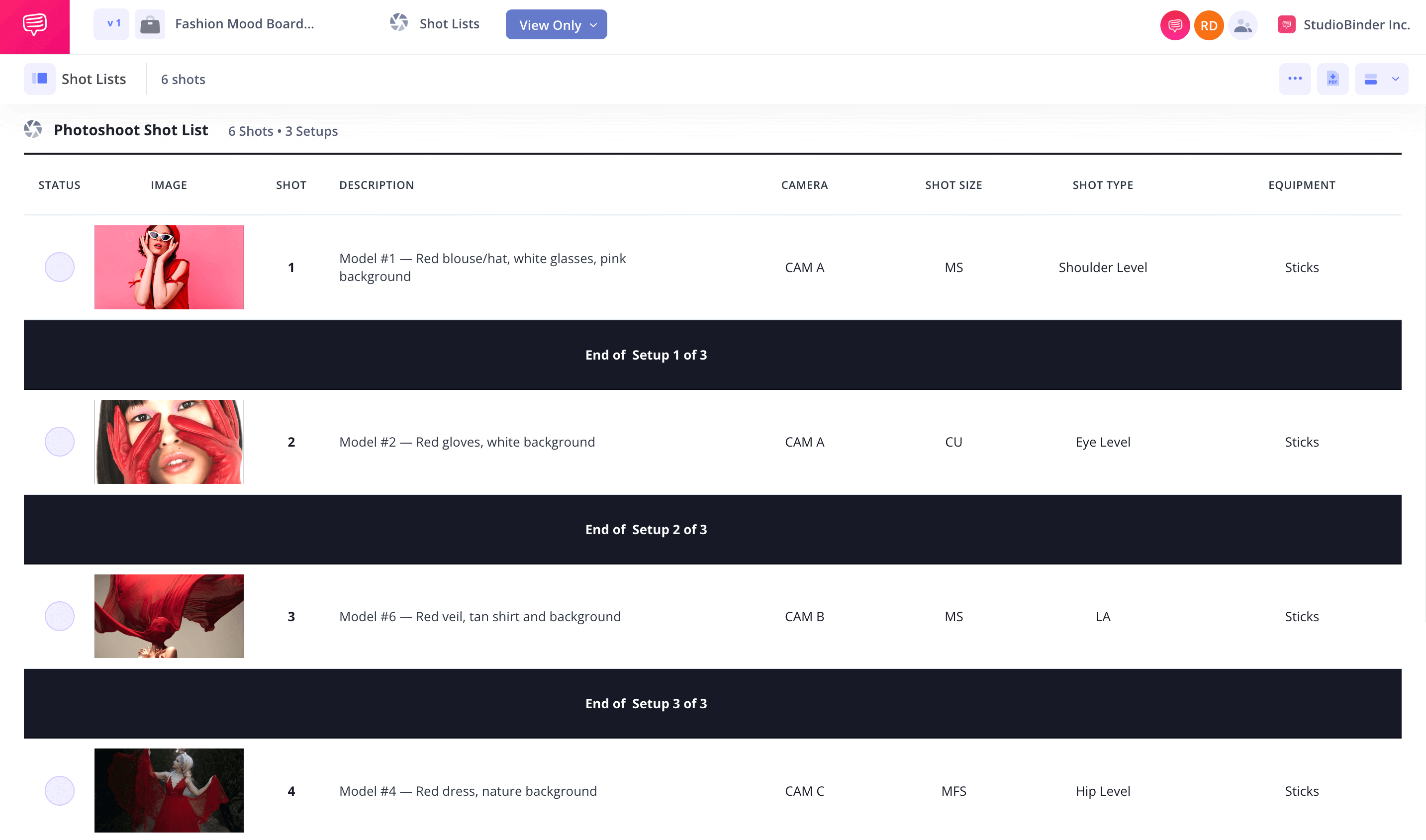 Photoshoot Shot List Template Group into setups