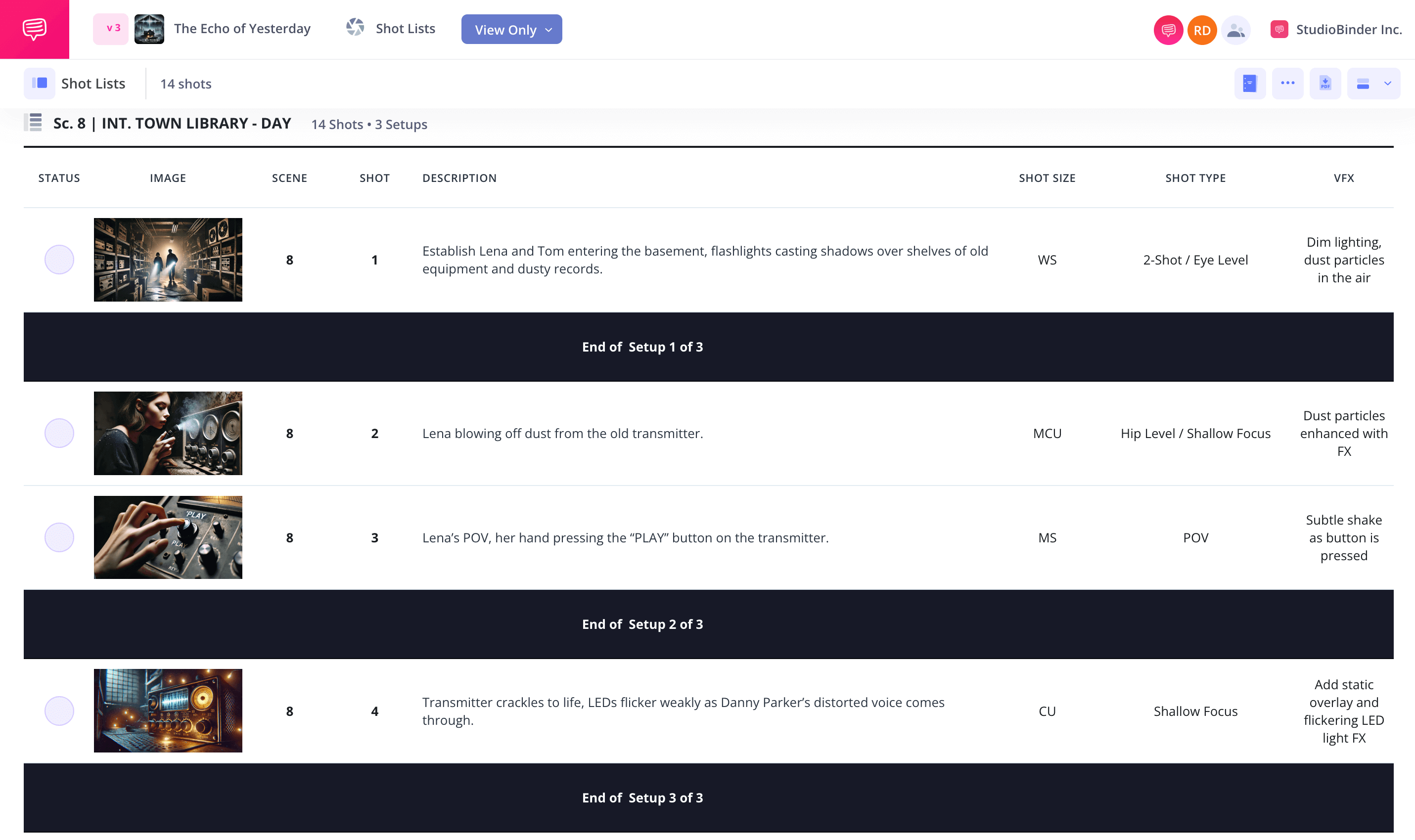 VFX Shot List Template Group into setups