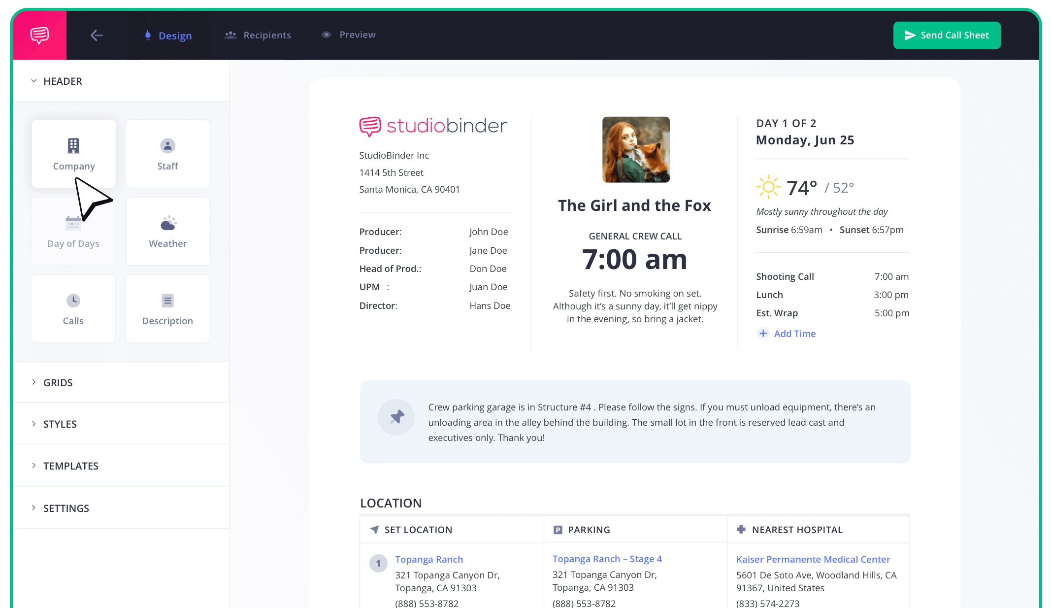 StudioBinder Call Sheet Template Excel free Excel call sheet for film crews