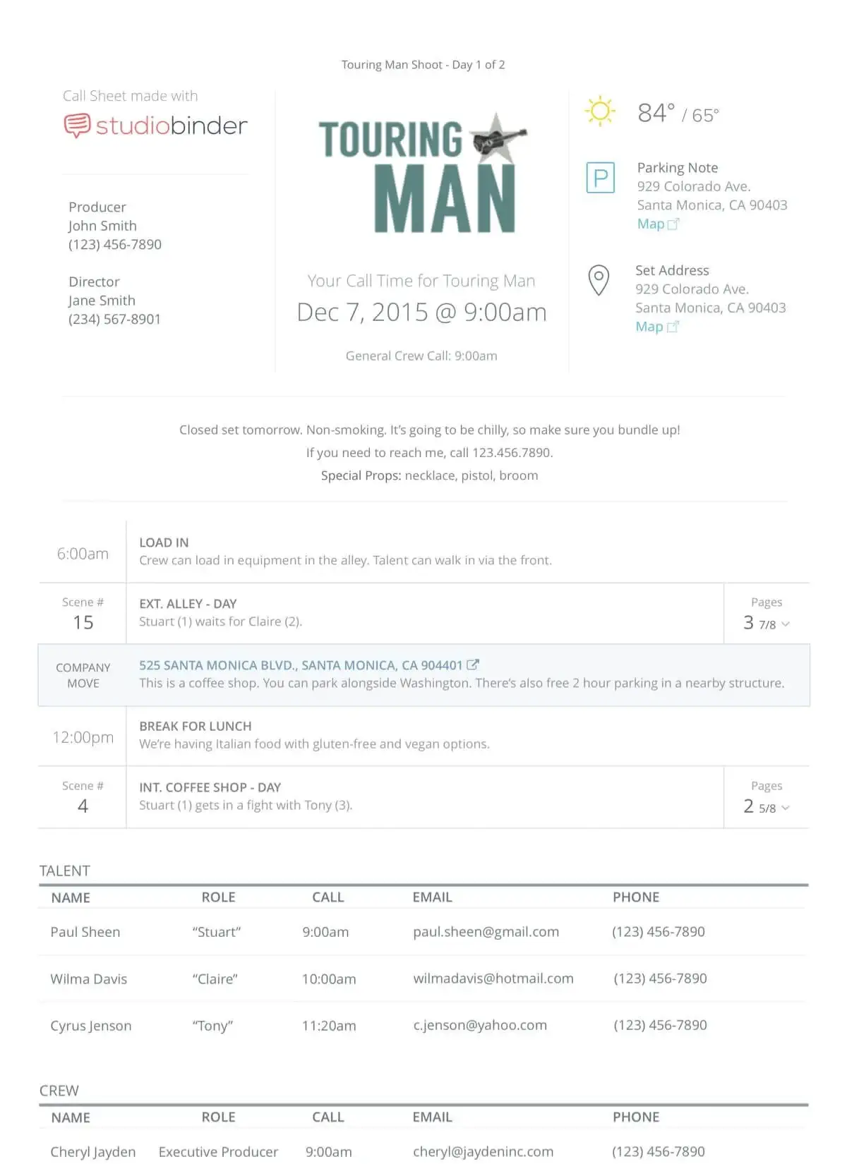 StudioBinder Call Sheet Templates Production Call Sheet Template with Scheduling, Bulletins, and Department Notes