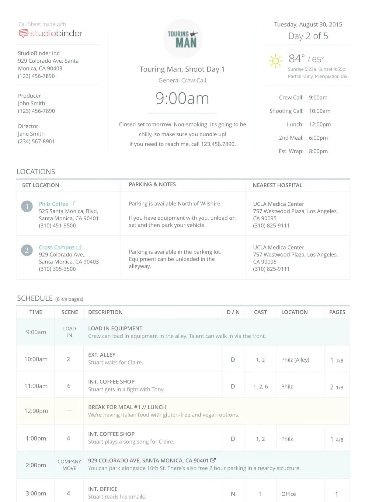 StudioBinder Movie Call Sheet Template film crew schedule