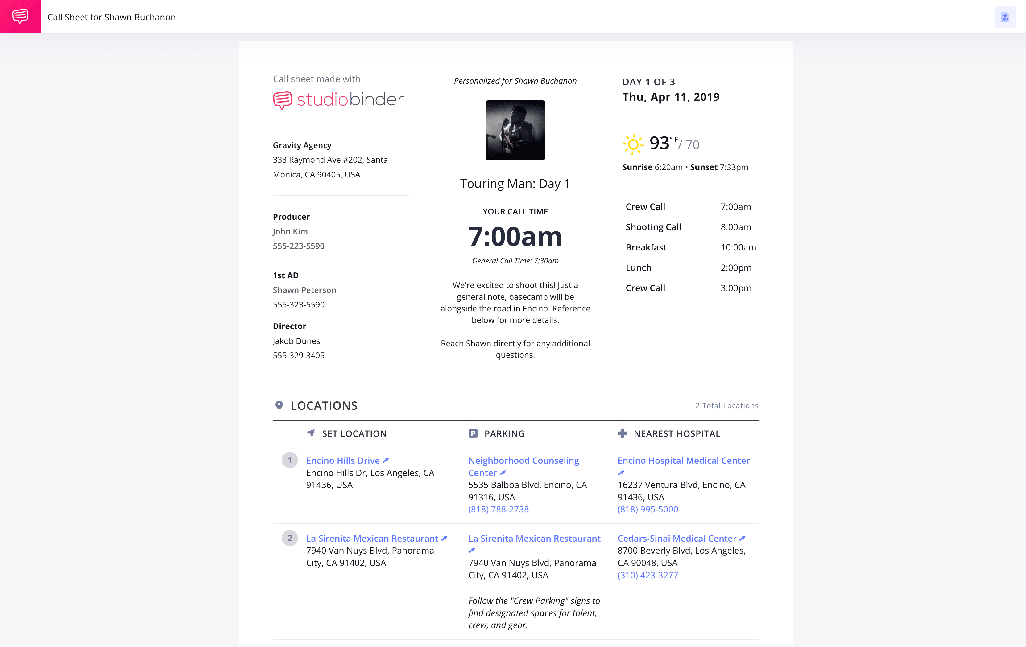 StudioBinder Movie Call Sheet Template on set call times