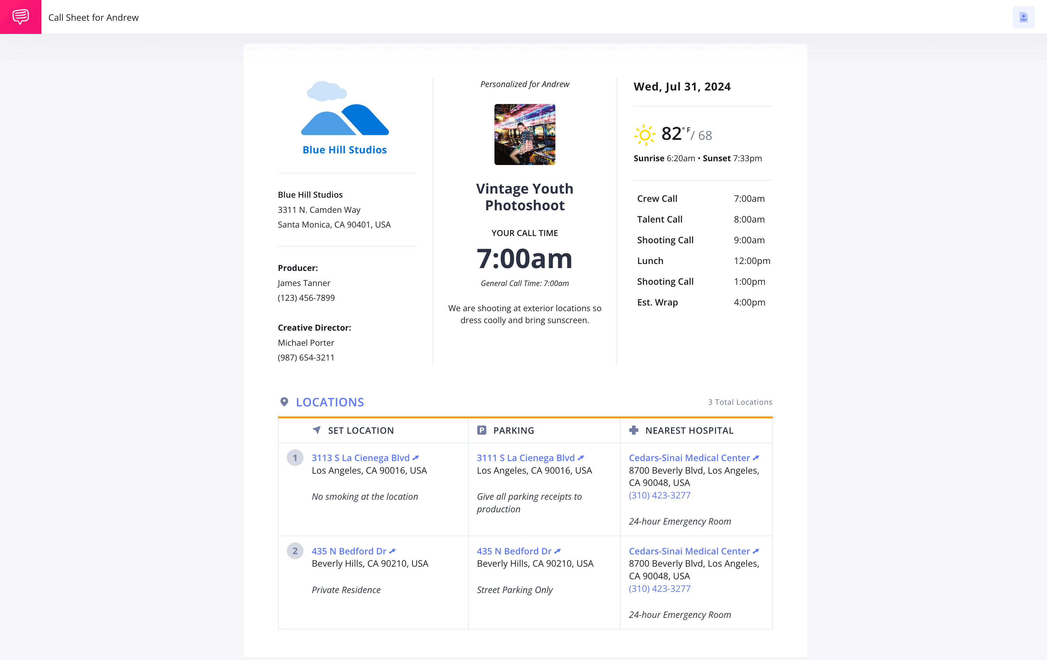 StudioBinder Sample Call Sheet Free Call Sheet Template Example