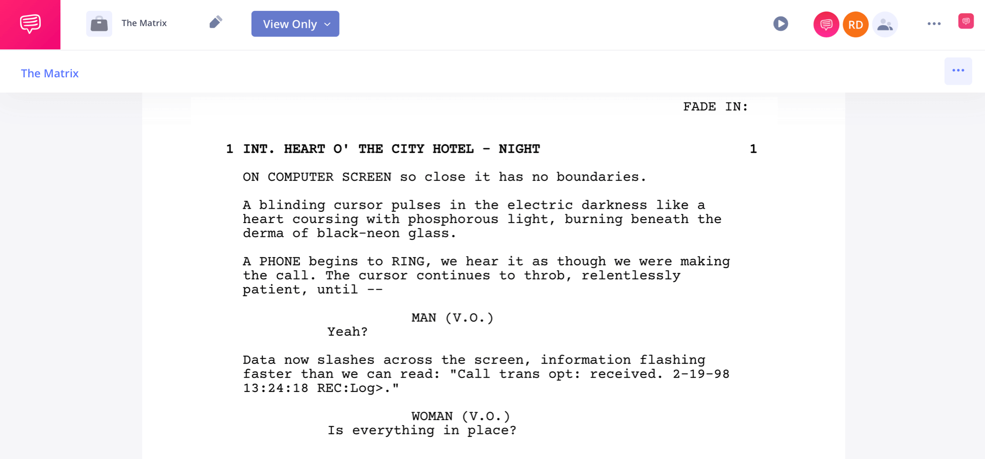 How Many Scenes in a Movie The Matrix Script First Page