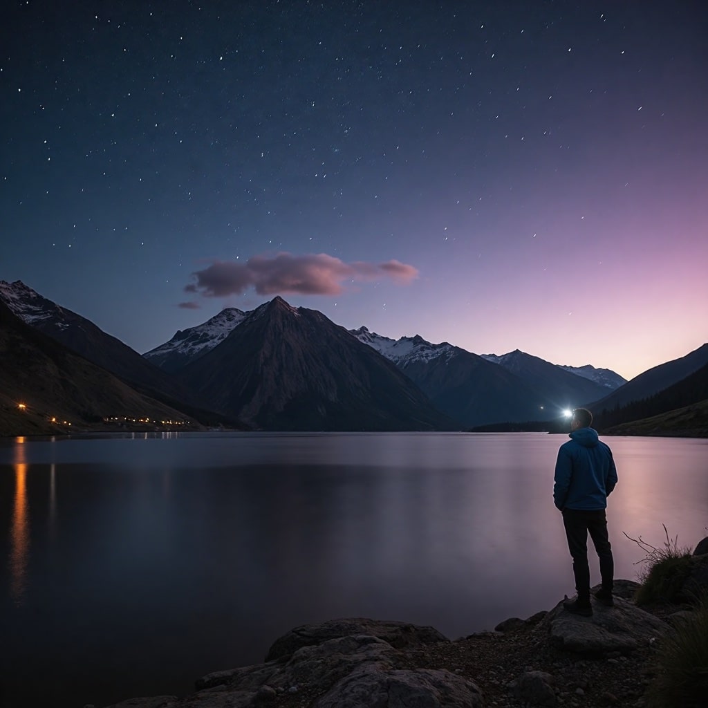 Night Shot Survival Guide Wide Shot of a mountain lake with a person