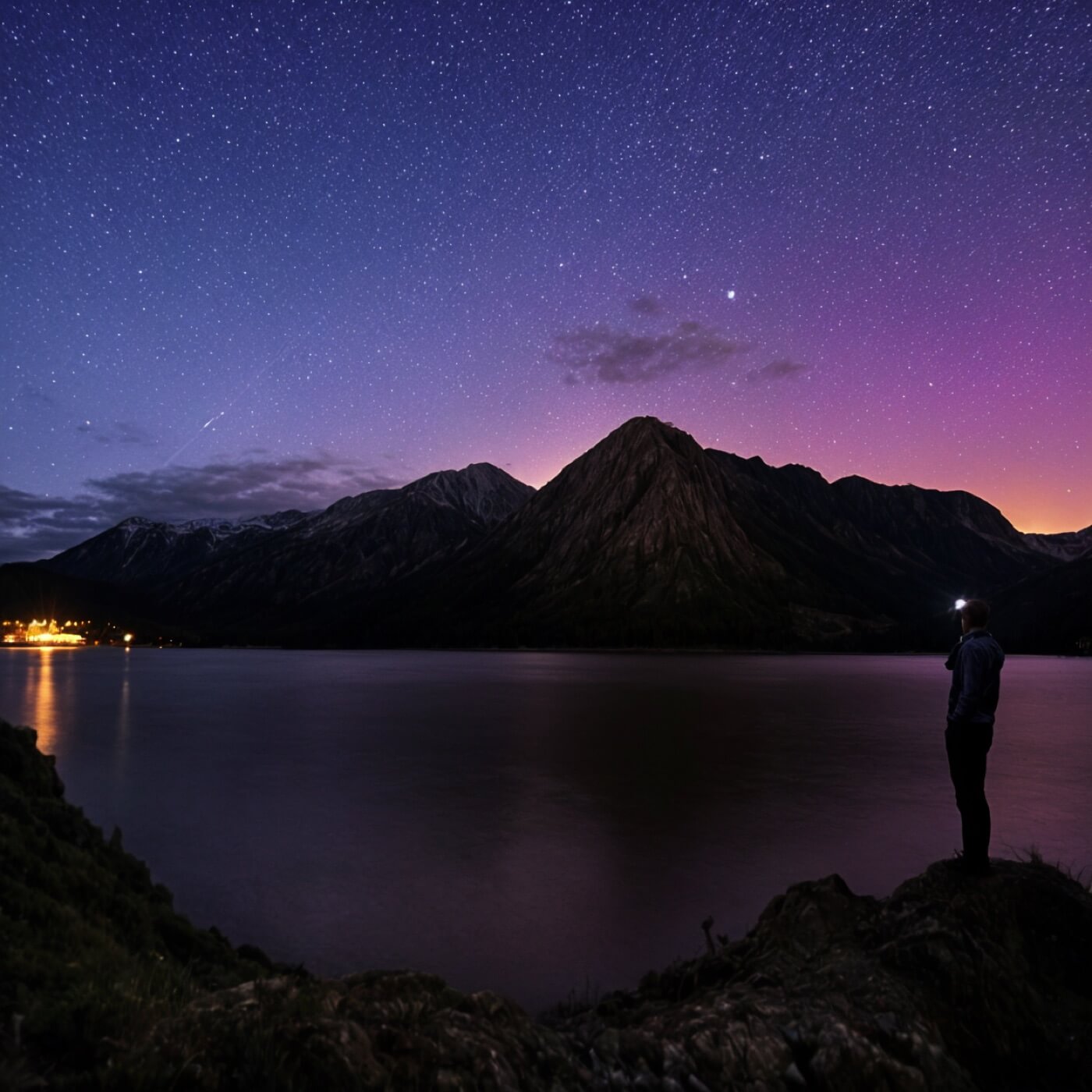 Night Shot Survival Guide Wide Shot of a mountain lake with a person