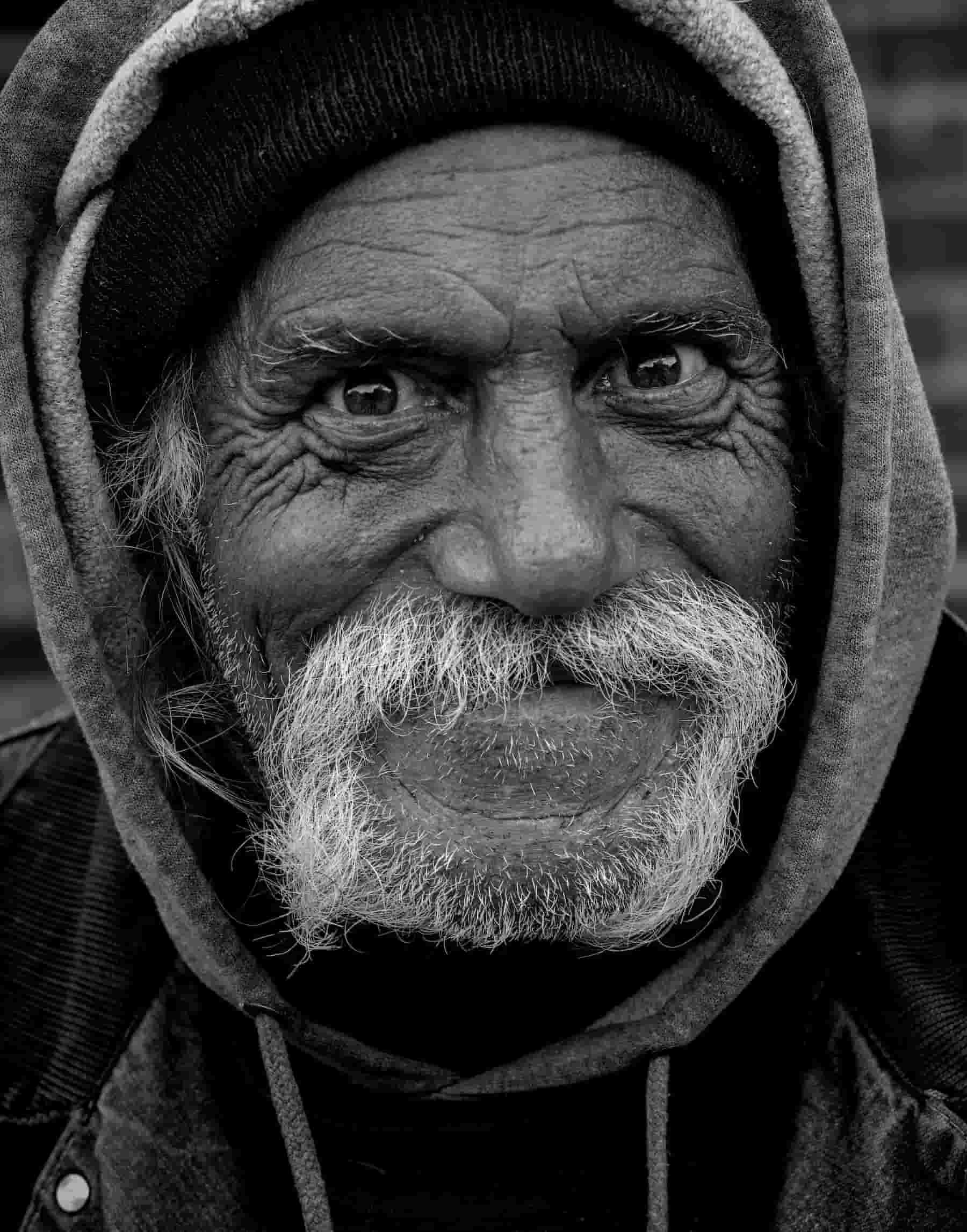Reactions in street photography ideas Closeup portrait of homeless man