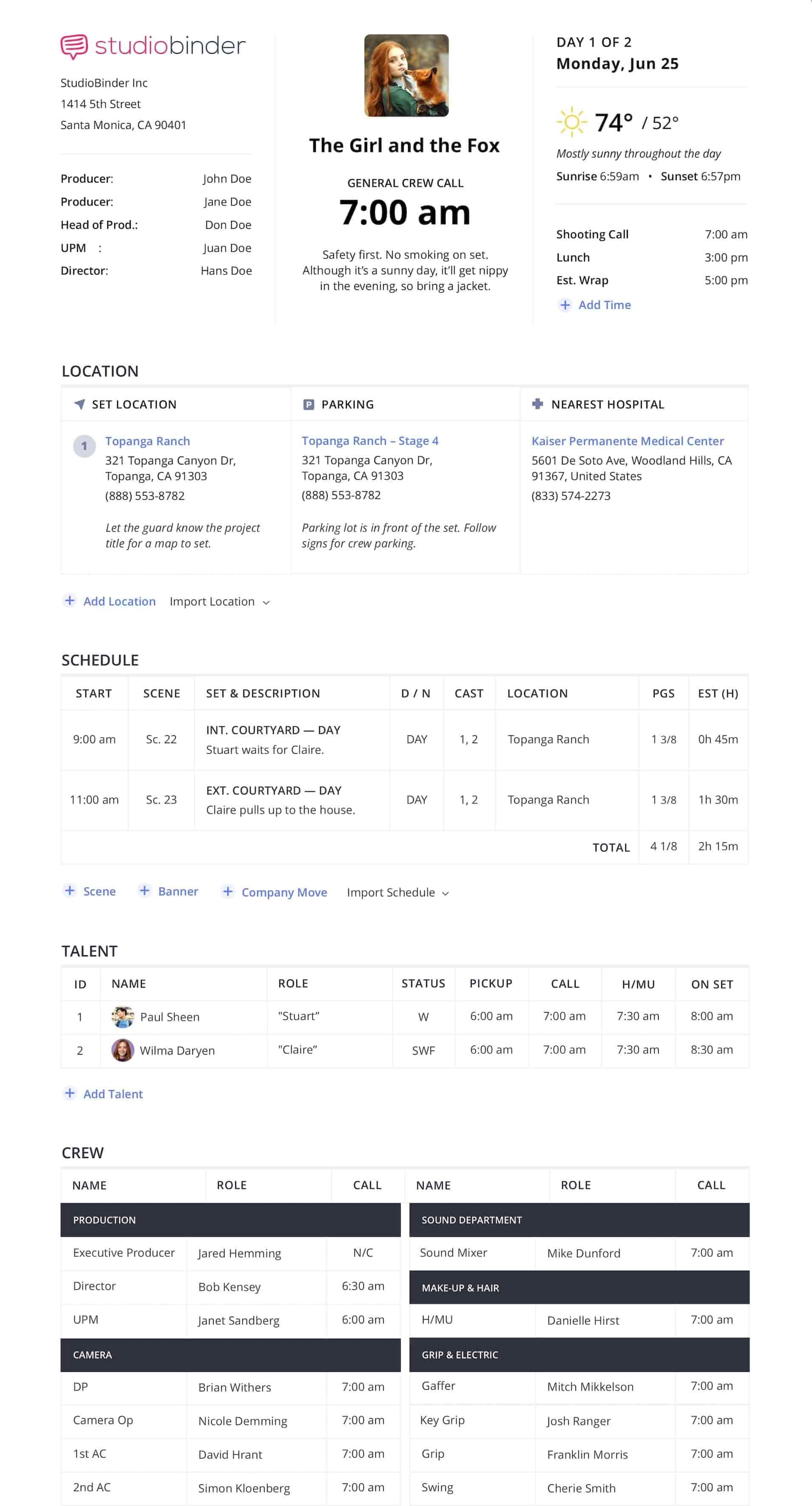 Film Production Call Sheet Templates Film Production Call Sheet Templates