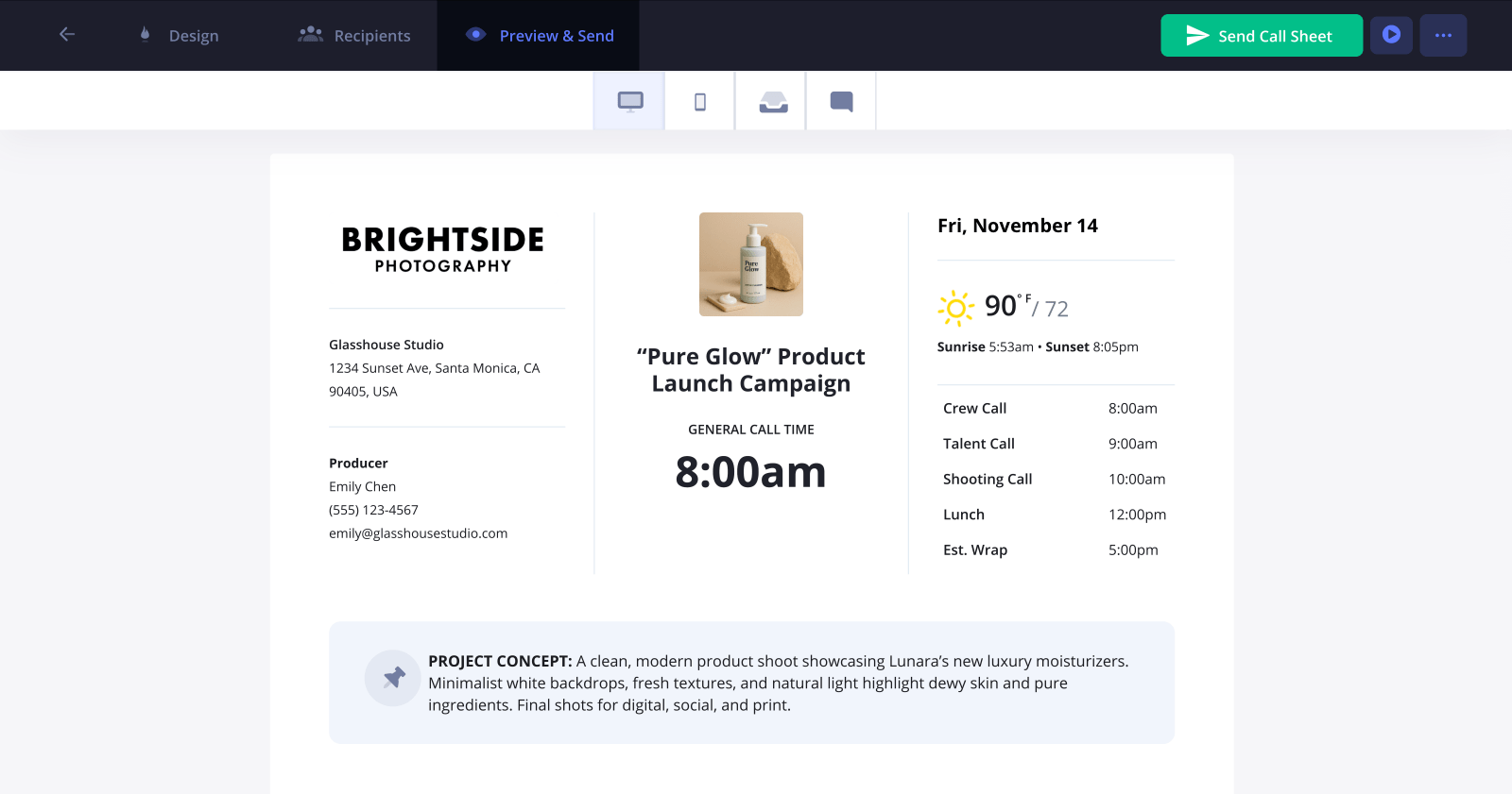 Photoshoot Call Sheet Template Desktop View of Callsheet Creator StudioBinder