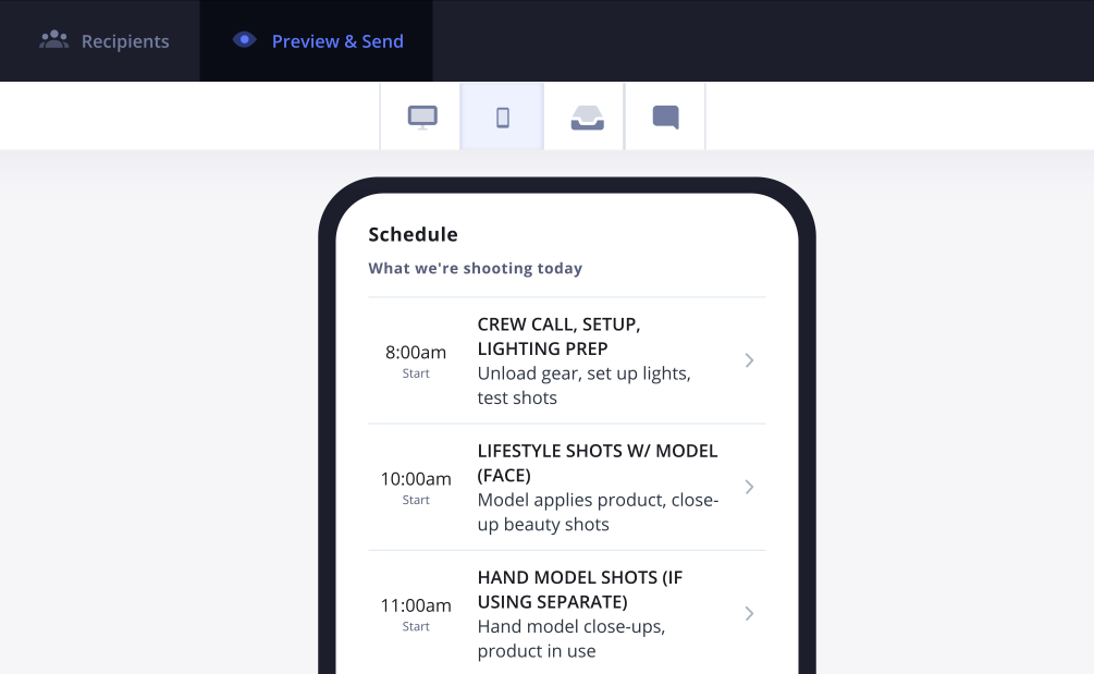Photoshoot Call Sheet Template Mobile SMS Call Sheet Creator in StudioBinder