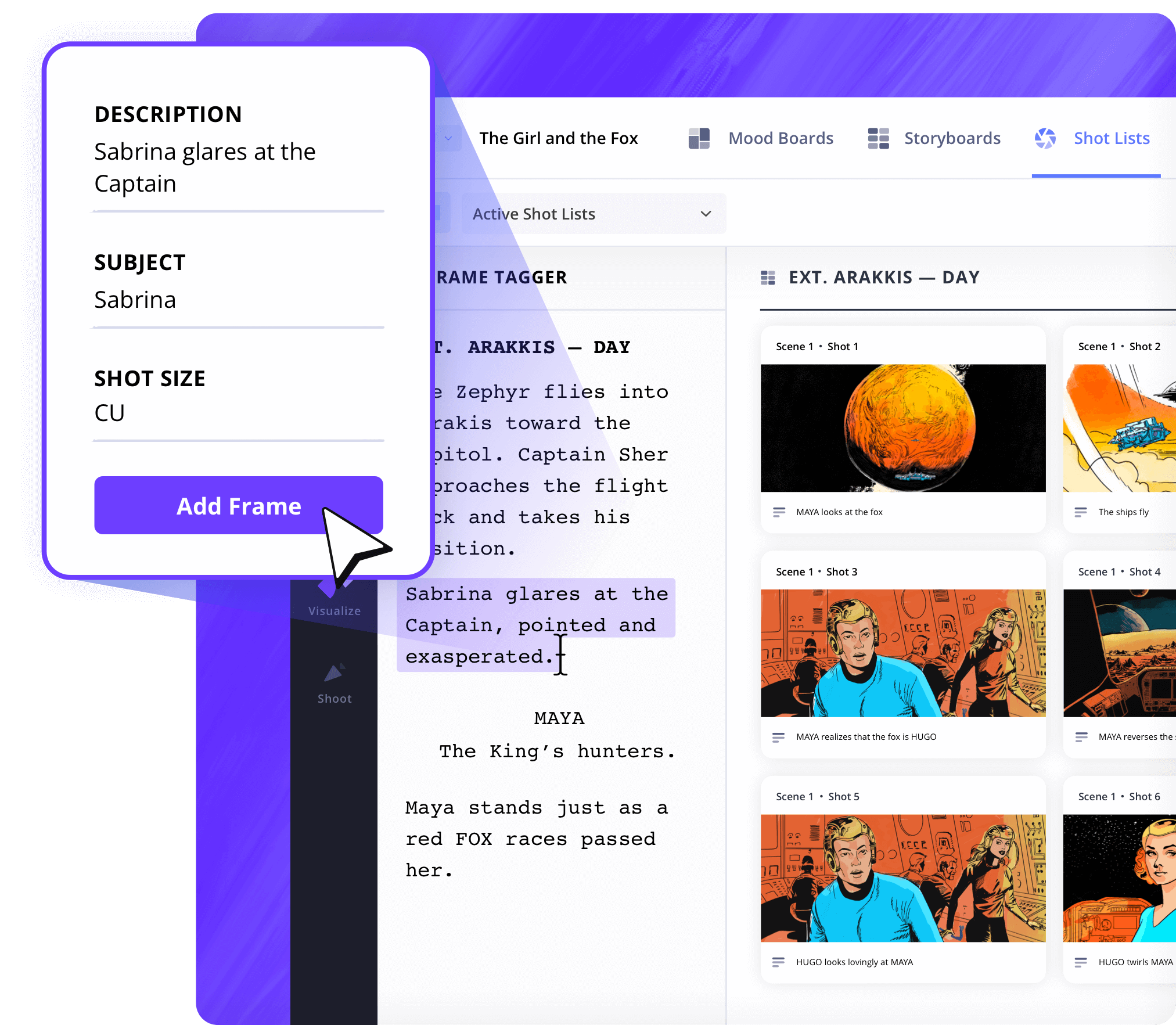Storyboard Creator Tag shots from a script to make a storyboard online StudioBInder Storyboard Maker