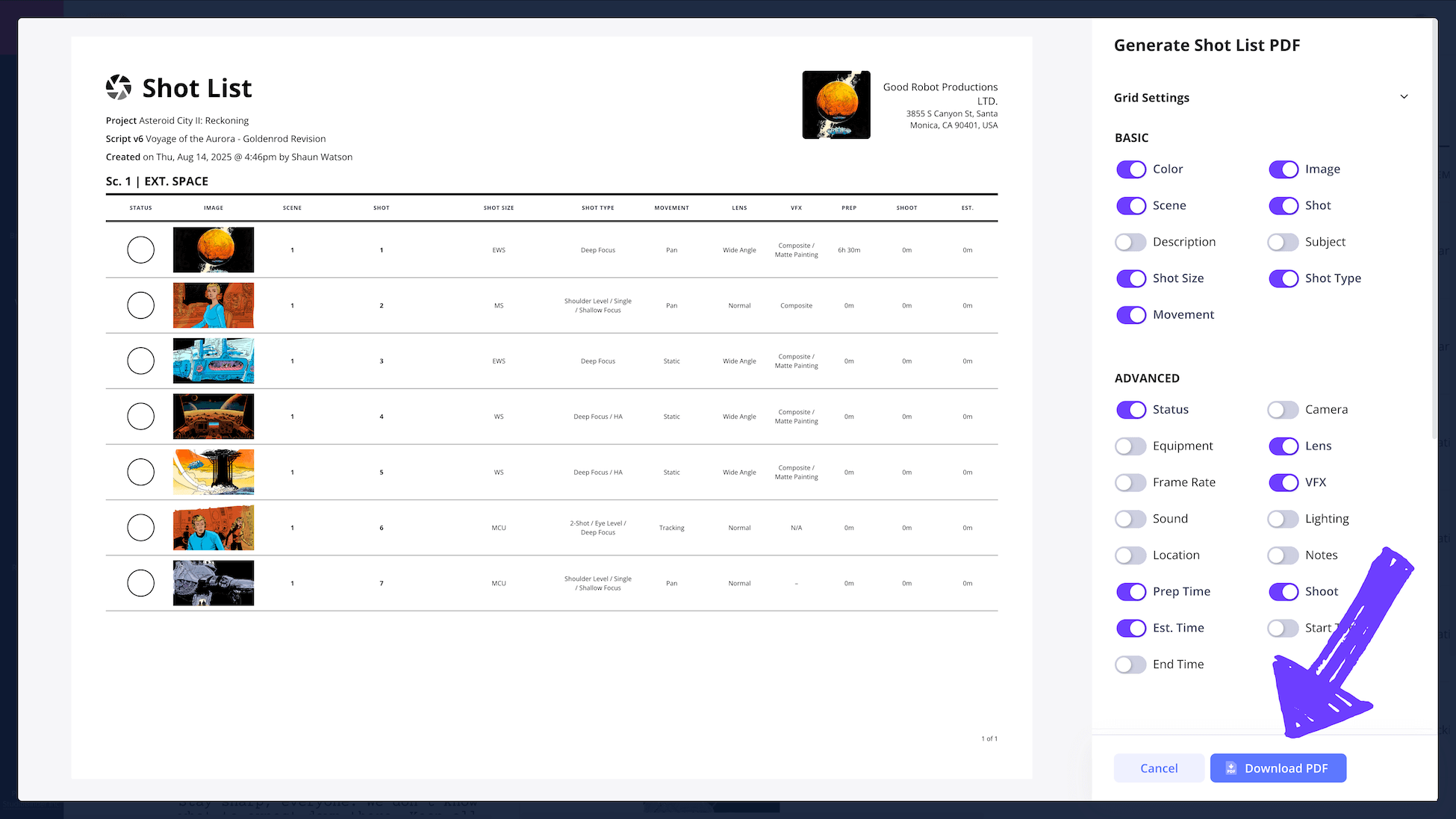 Film Shot List Template Google Sheets Word Excel PDF Export Shot List StudioBinder