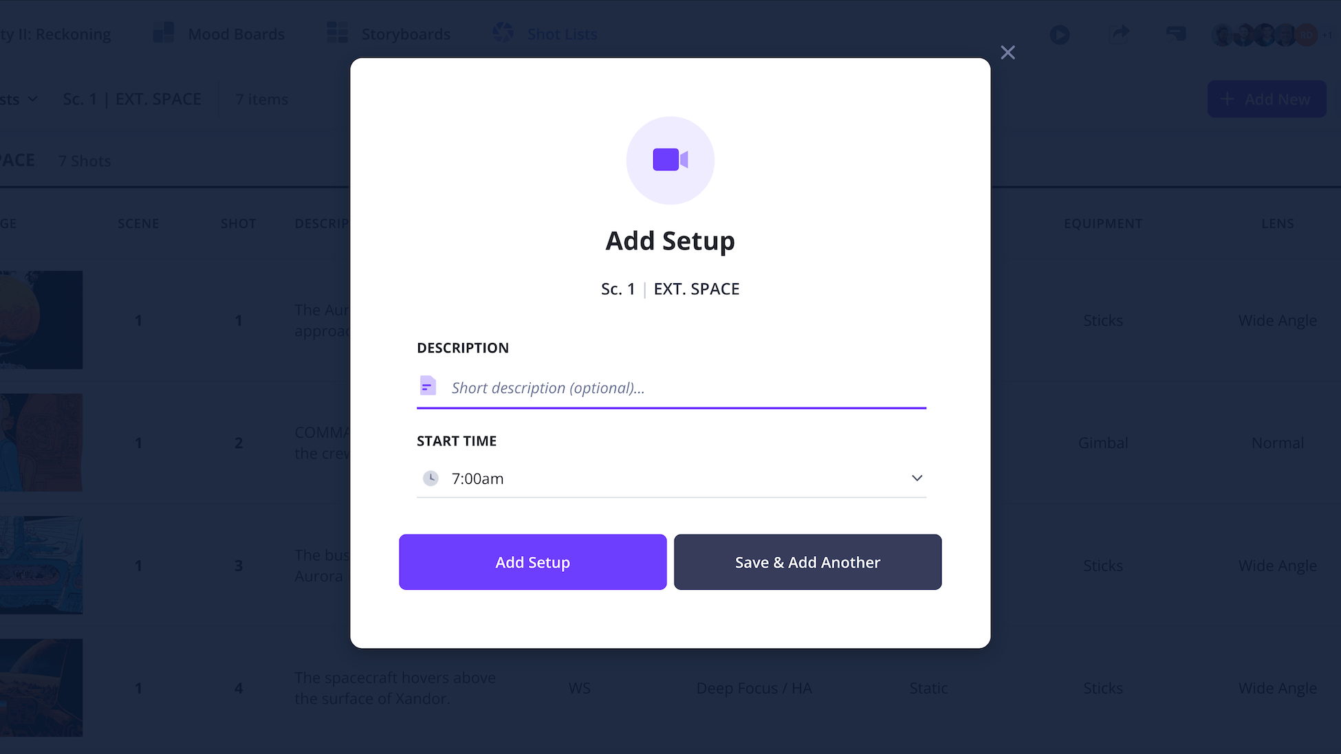 Film Shot List Templates Add Custom Group for Camera Setups in Movie Shotlist StudioBinder