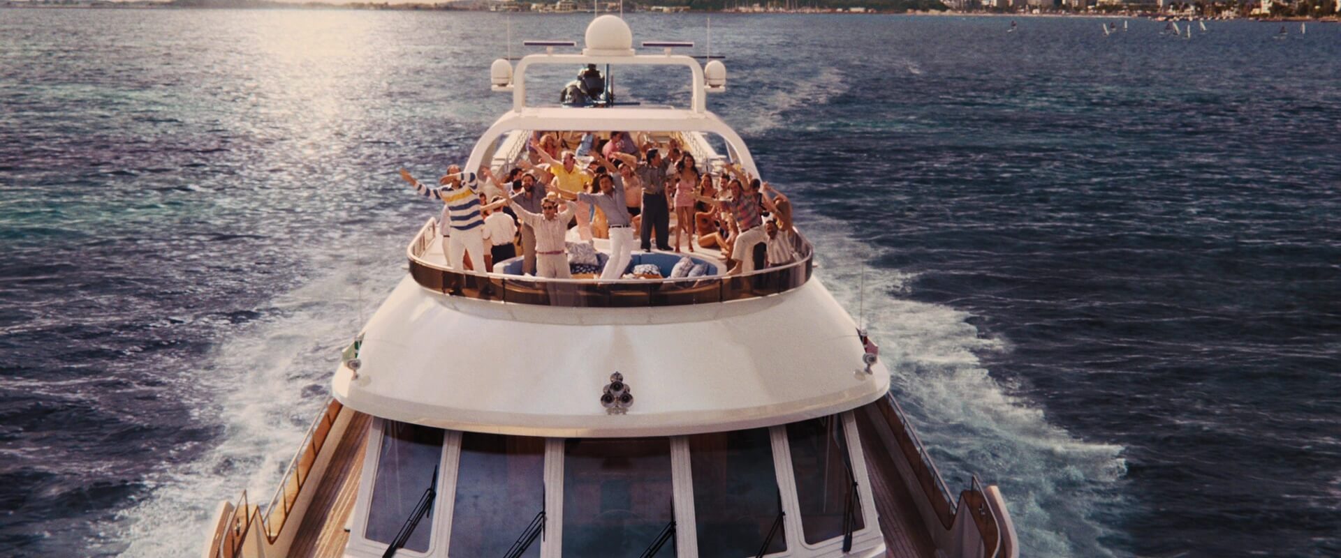 Aerial Shot Example Aerial camera angle of party boat from The Wolf of Wall Street