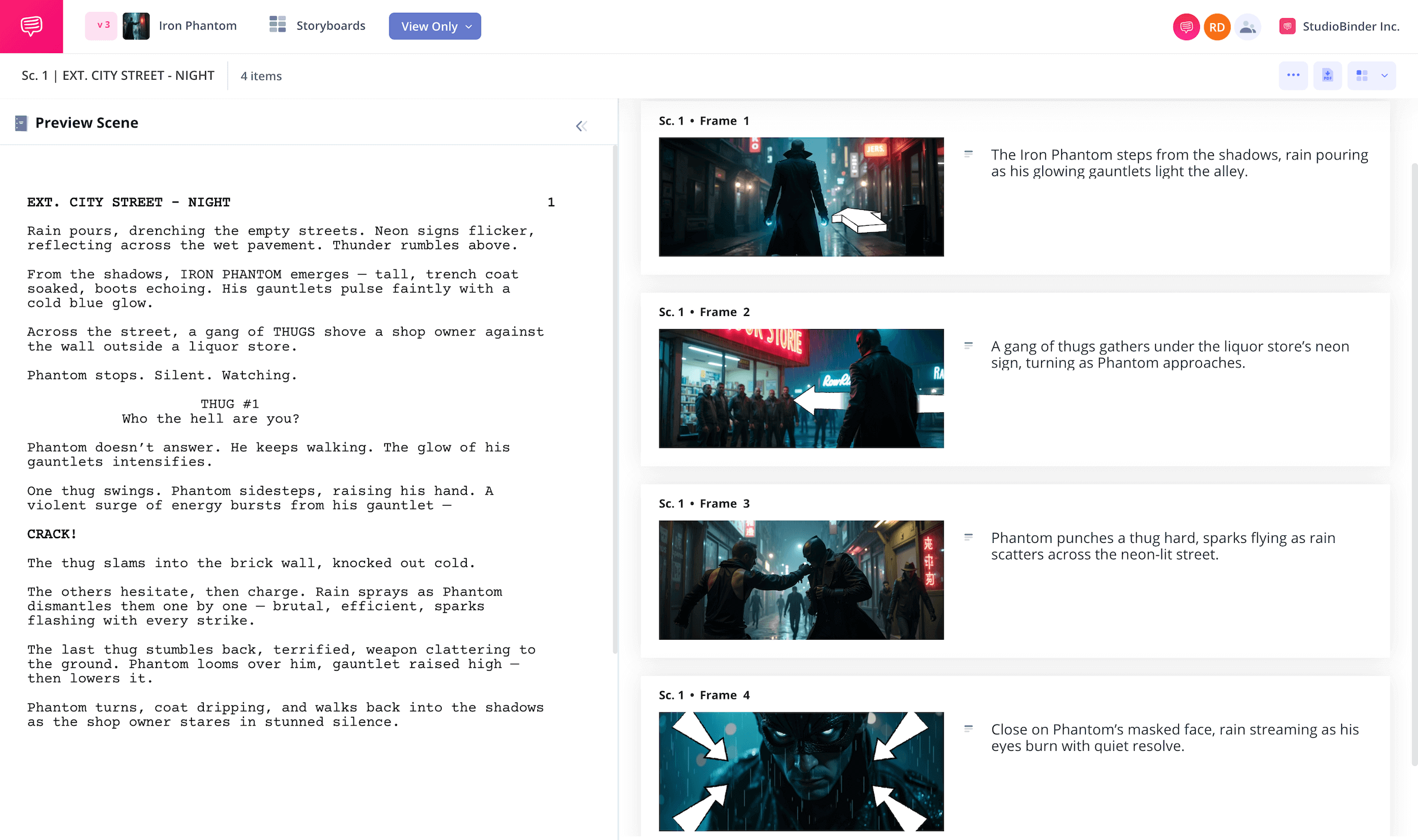 Animation Storyboard Examples Dark Superhero Vigilante Iron Phantom StudioBinder
