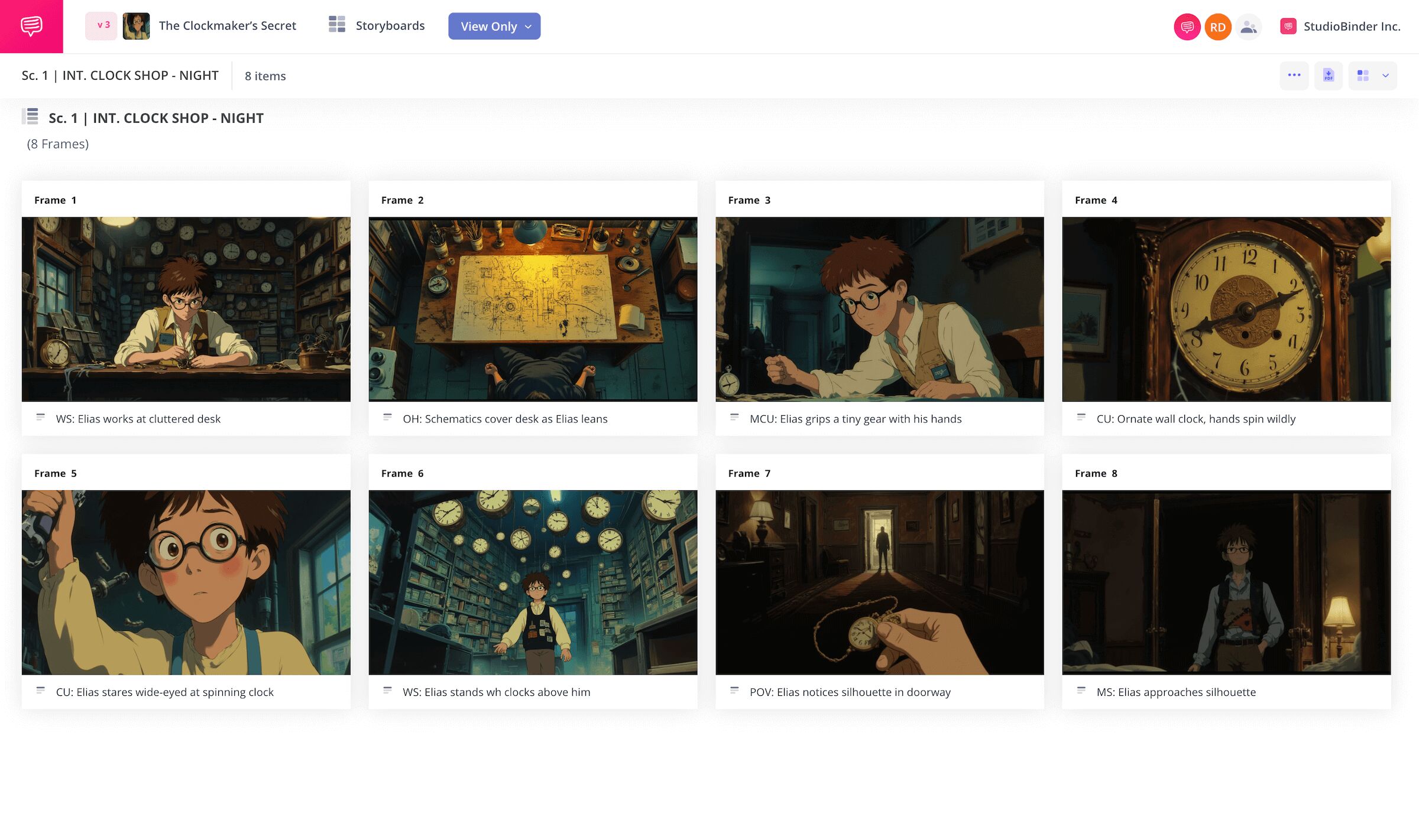 Animation Storyboard Examples Fantasy Action Anime Clock Shop Elias and the Clocks StudioBinder