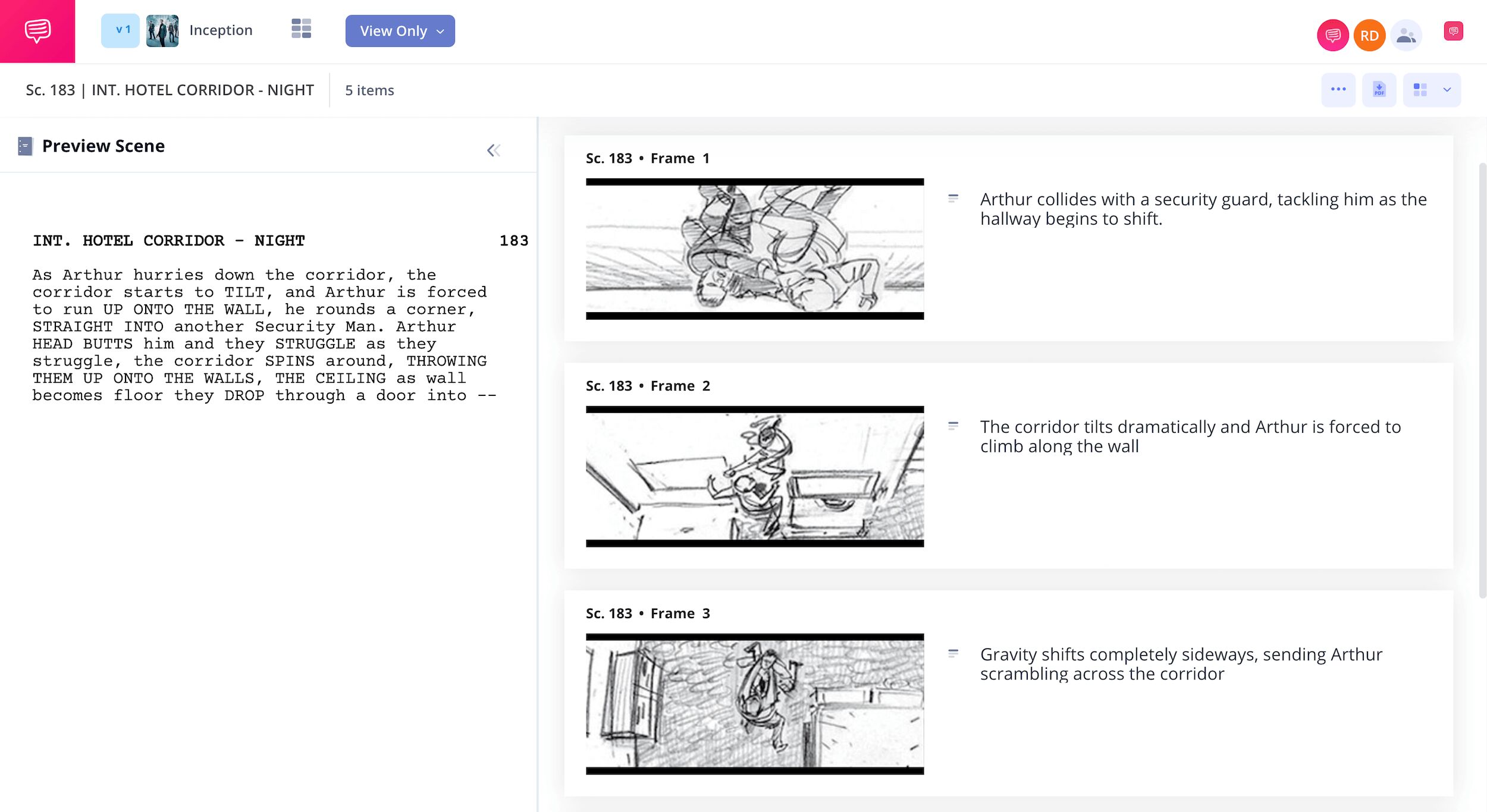 Famous Movie Storyboard Examples – Inception Hallway Fight – StudioBinder