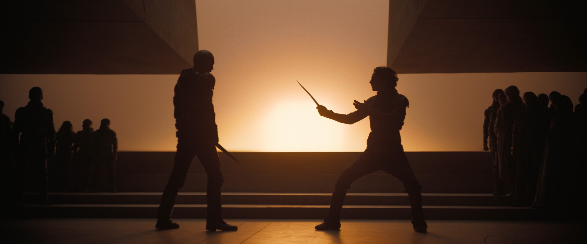 Full Shot Example FS of Timothee Chalamet and Austin Butler preparing to fight from Dune Part Two