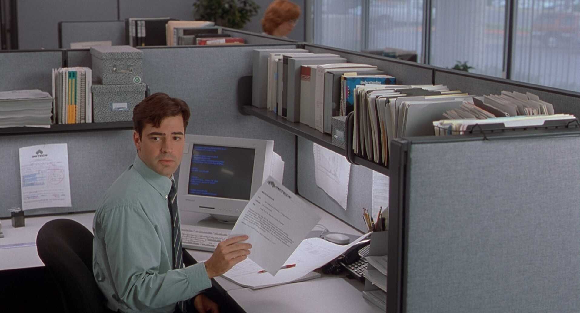High Angle Shot Example High camera angle on Ron Livingston from Office Space