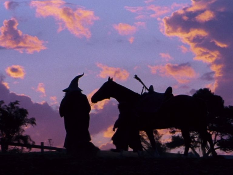Wide Shot Example Featured WS of Gandalf with horse in crimson sunset from LOTR Fellowship of the Ring