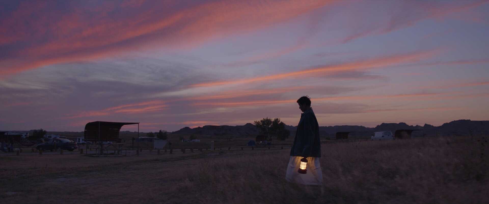 Wide Shot Example WS of Frances McDormand in crimson sunset from NomadLand