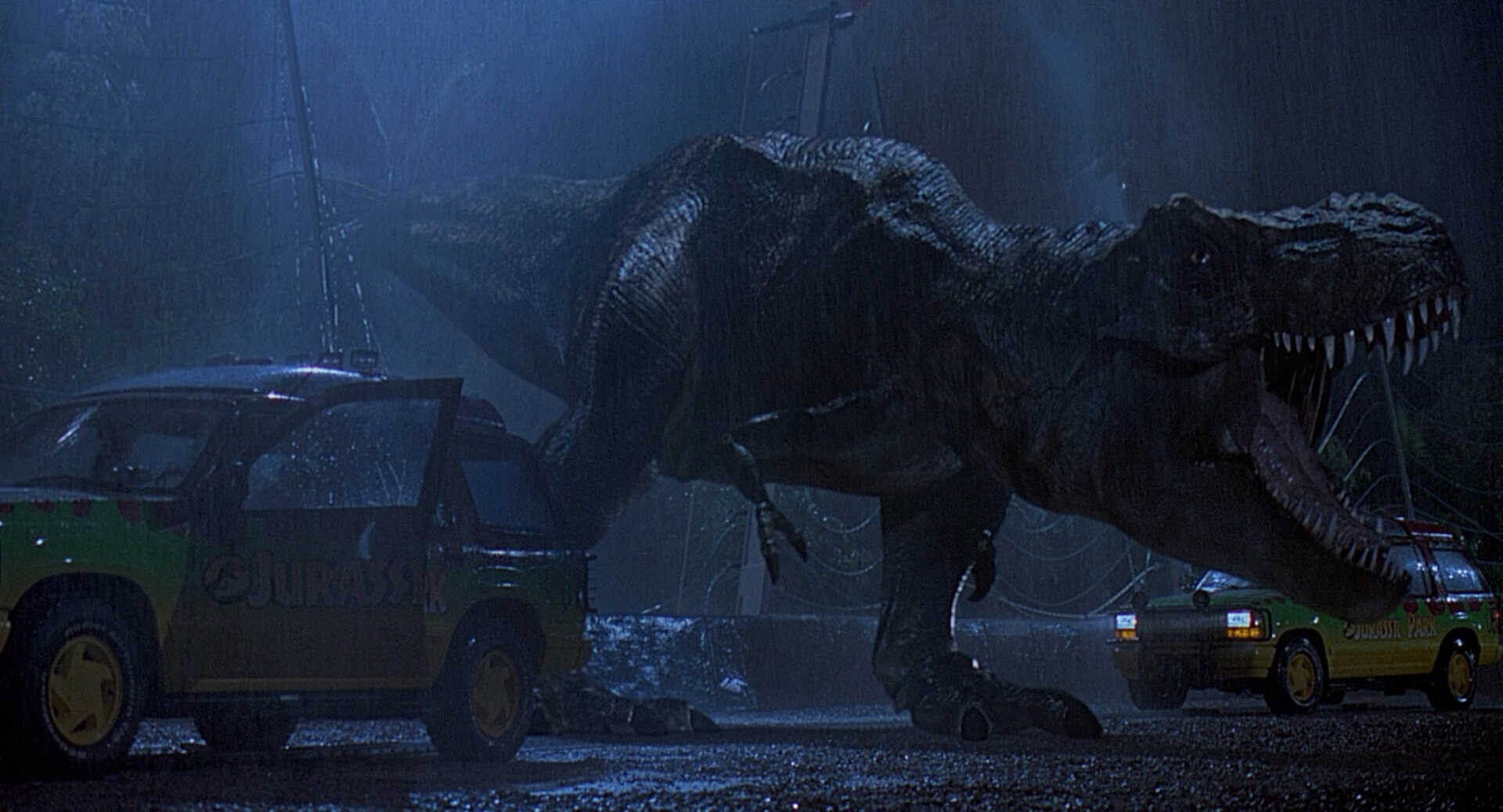 Wide Shot Example WS of T Rex escapes the paddock from Jurassic Park