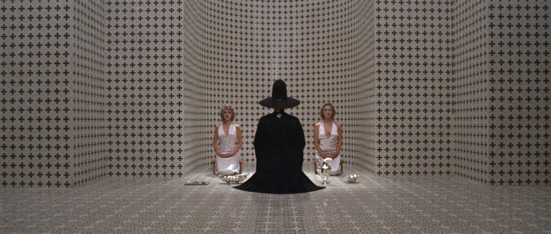 Wide Shot Example WS of white room with black witch from The Holy Mountain