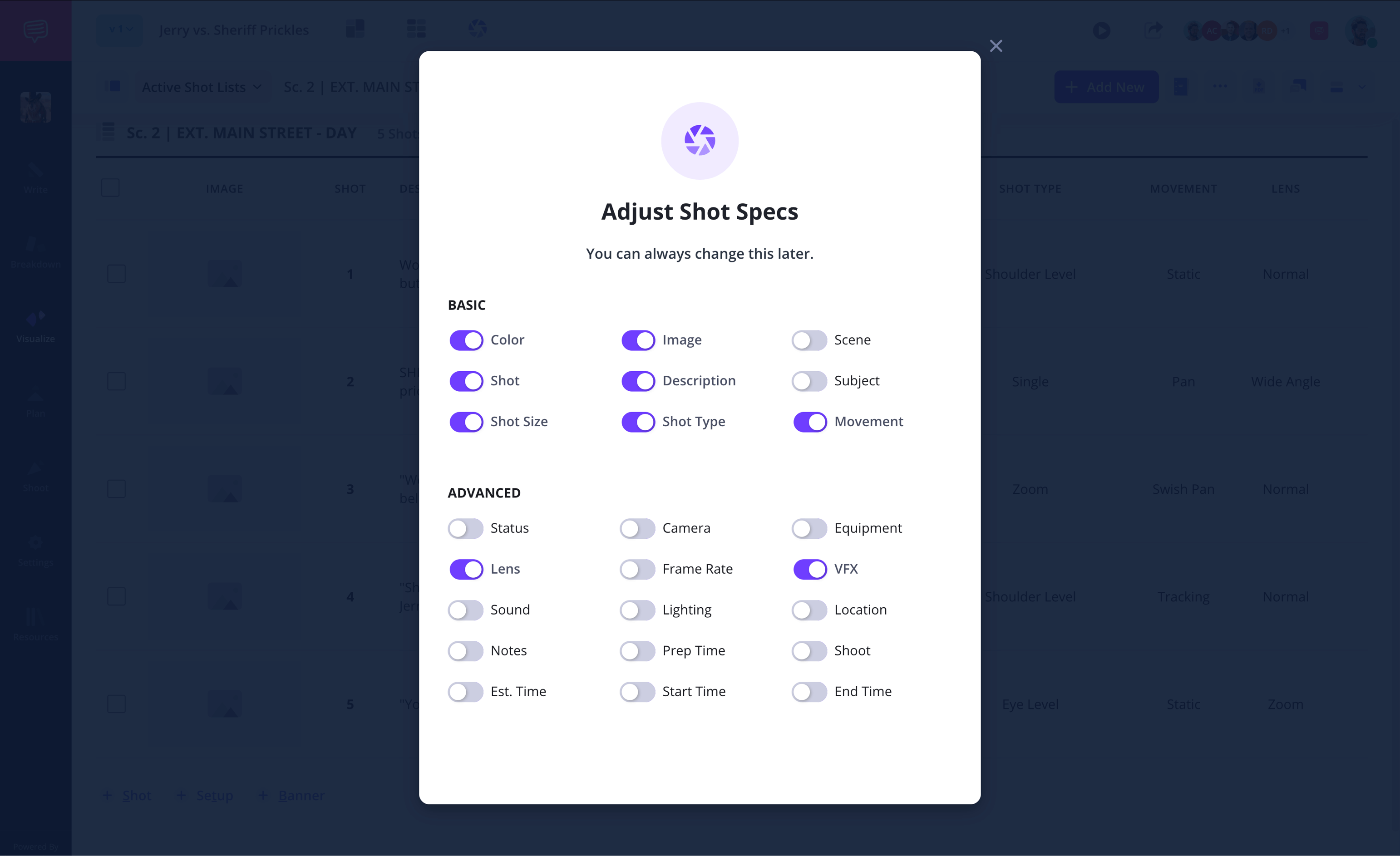 Animation Shot List Template Customize Camera Shot List Columns Camera Angles Movement Shot Types StudioBinder
