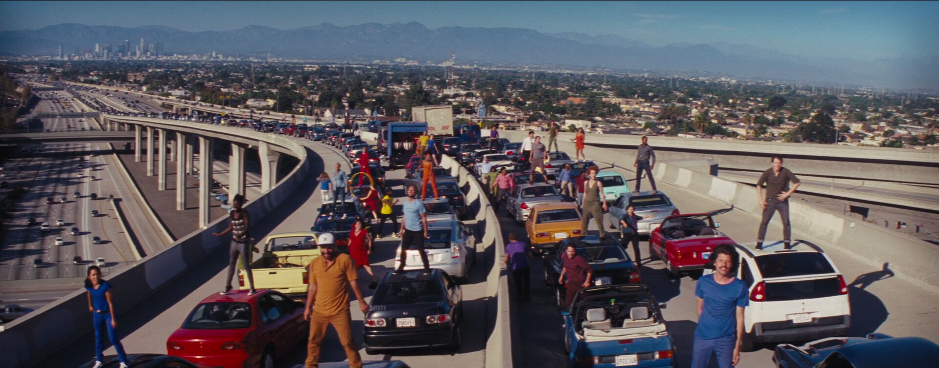 Crane Shot Movement Example Crane Shot of opening sequence from La La Land