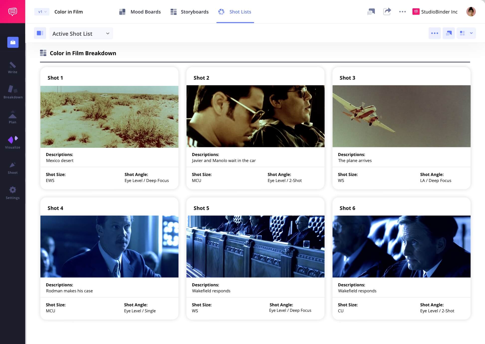 Example of Color in Film Color definition in a Camera Shot List Color in Film camera shots scene example from Traffic
