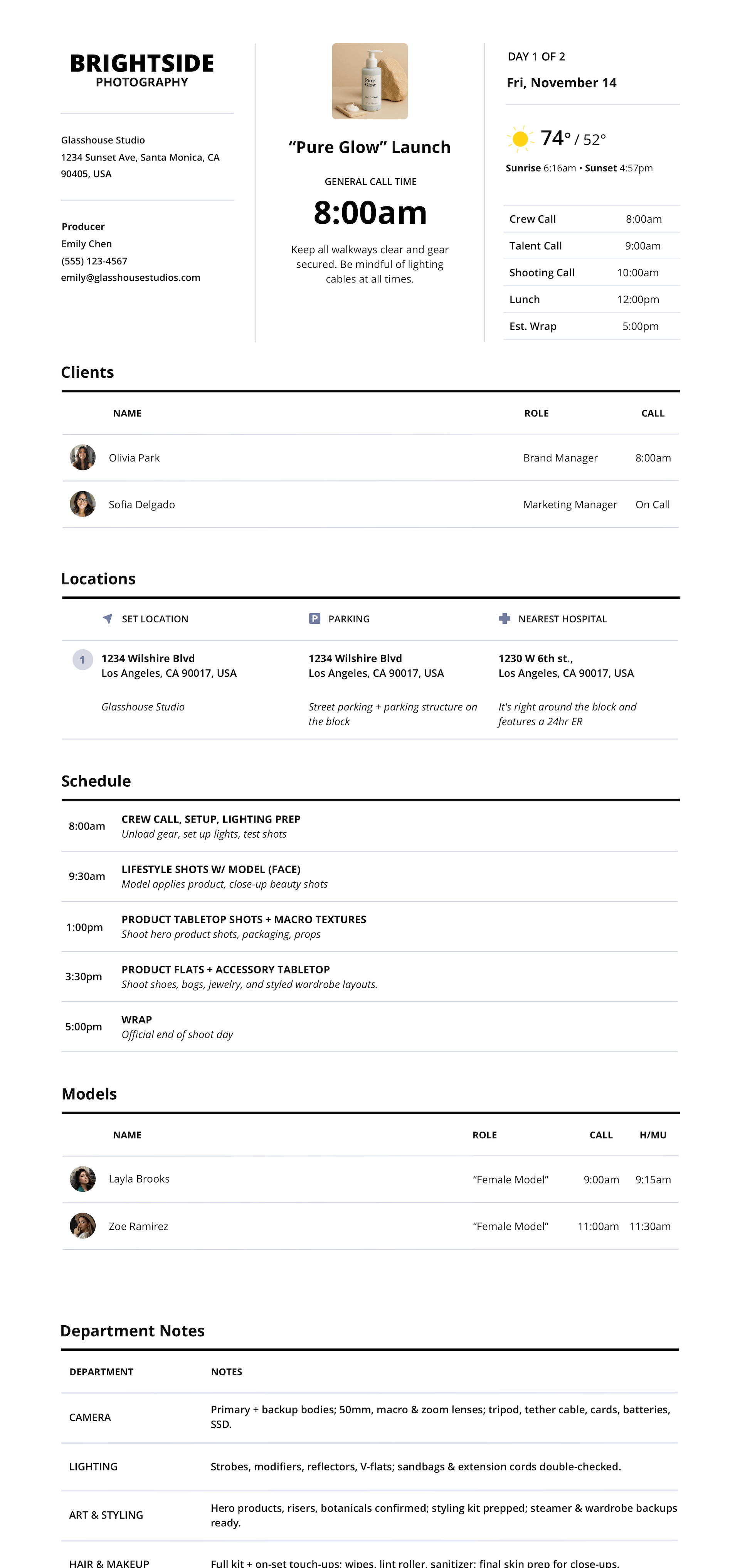 Call Sheet Templates Sample photoshoot call sheet example Call Sheet Templates Sample photoshoot call sheet example