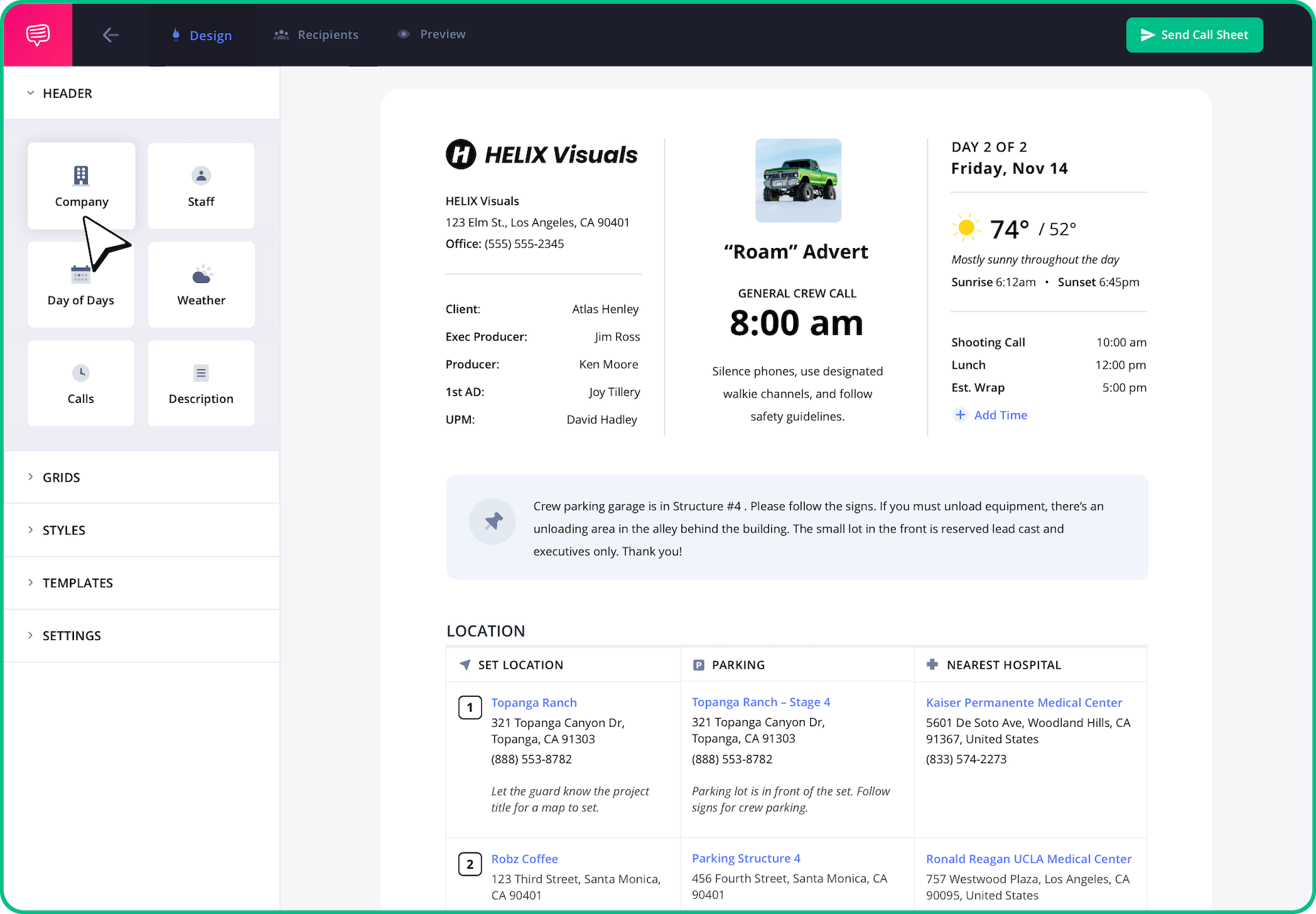 Example of Call Sheet Customize grid elements on a video callsheet example Example of Call Sheet Customize grid elements on a video callsheet example
