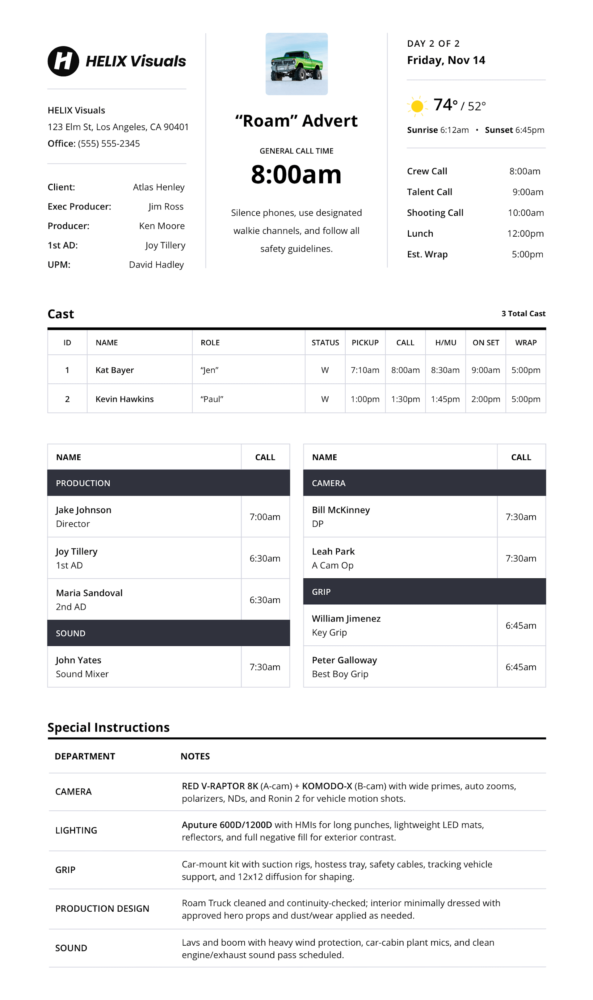 Example of Call Sheet Preview of a video call sheet template with cast details crew member call times and special instructions Example of Call Sheet Preview of a video call sheet template with cast details crew member call times and special instructions