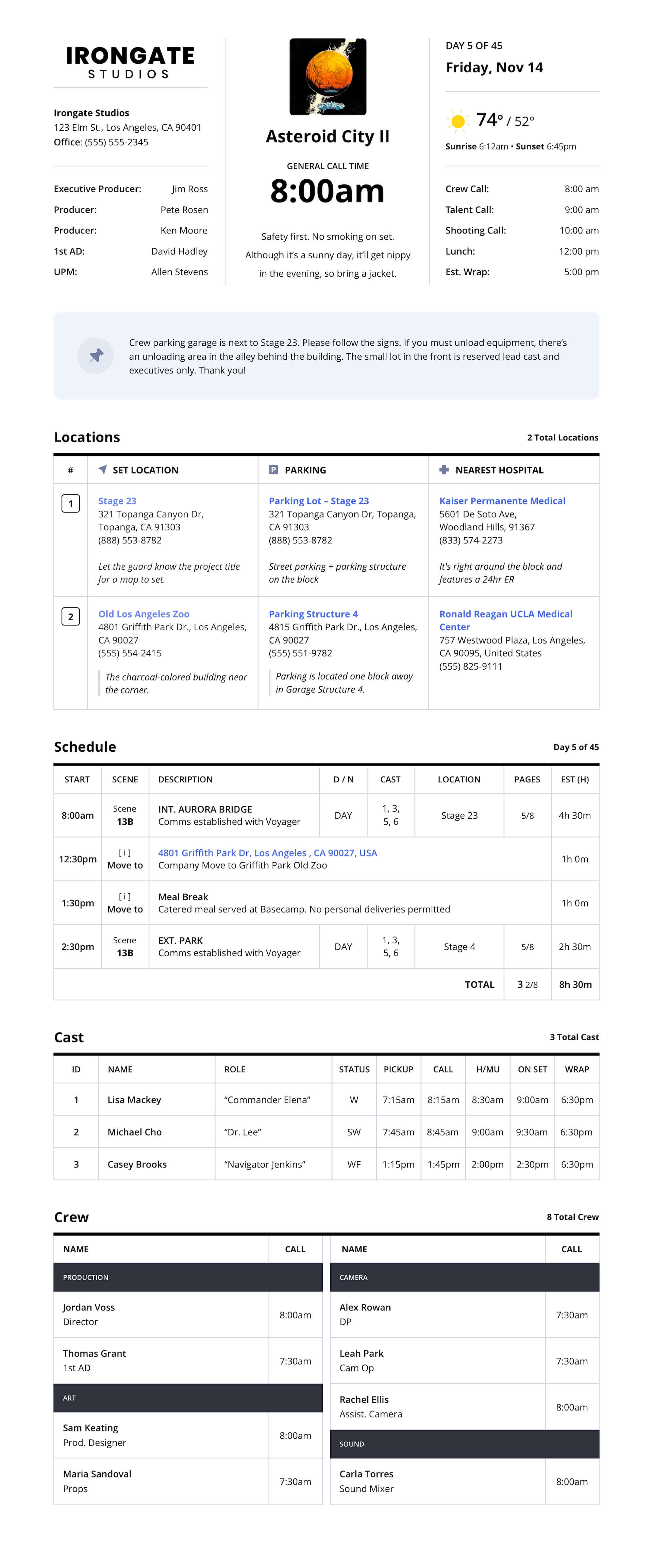 Movie Call Sheet Template Explore feature film call sheet with film cast and crew members with daily shooting schedule details Movie Call Sheet Template Explore feature film call sheet with film cast and crew members with daily shooting schedule details