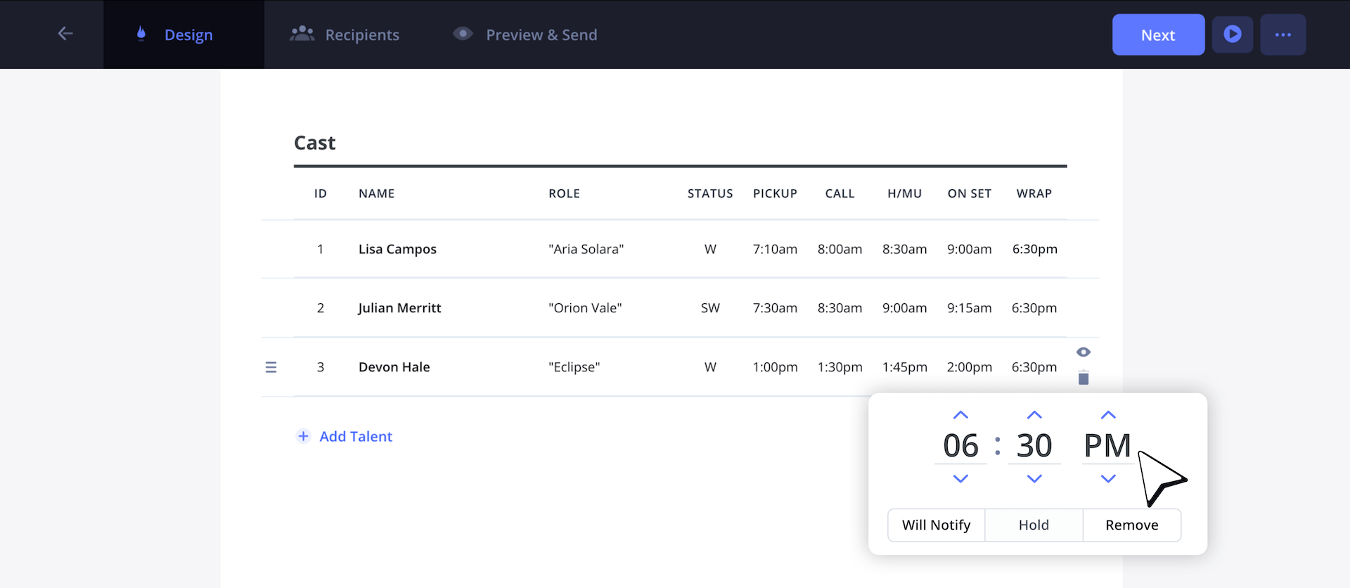 Music Video Call Sheet Cast List Customize Call Time for Talent and Extras and Film Crew Music Video Call Sheet Cast List Customize Call Time for Talent and Extras and Film Crew