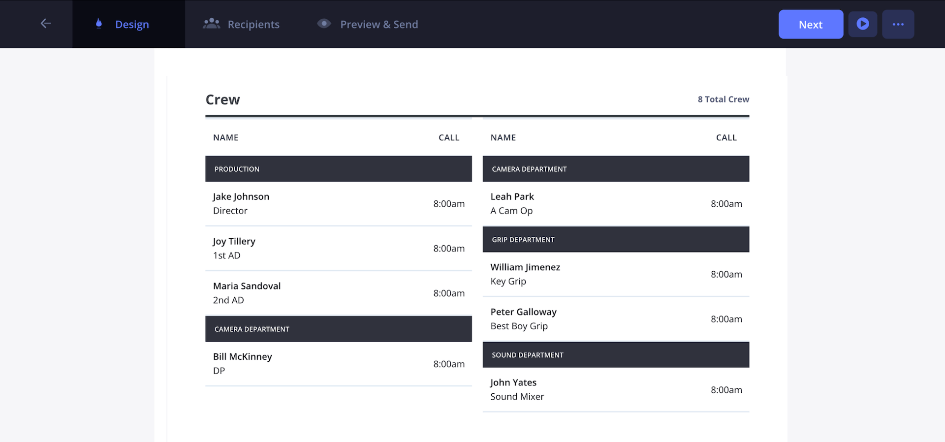 Music Video Call Sheet Crew Section Two Column Film Crew Contact Grid with Call Times and Crew Positions Music Video Call Sheet Crew Section Two Column Film Crew Contact Grid with Call Times and Crew Positions
